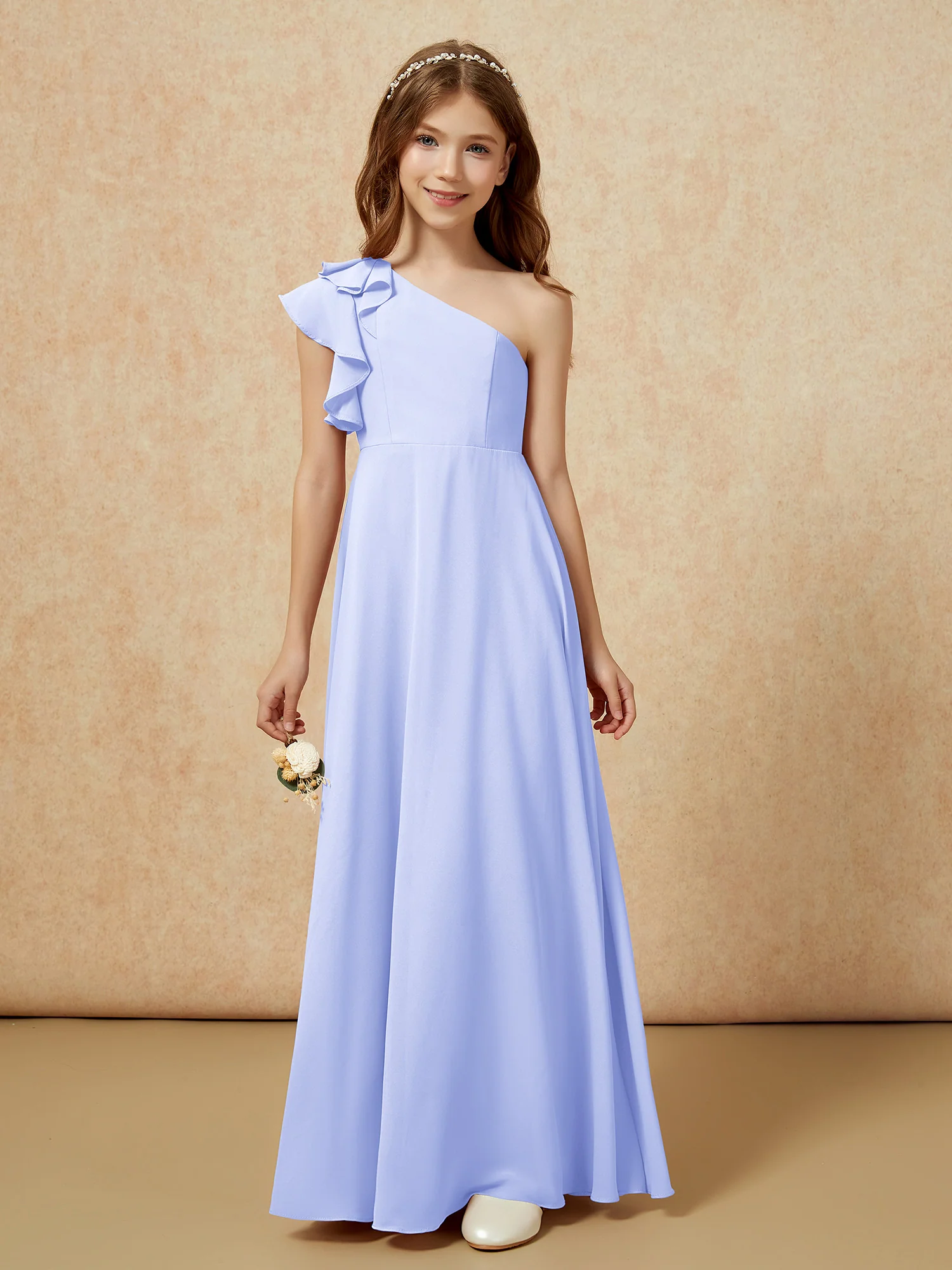 One Shoulder Flutter Sleeves Junior Bridesmaid Dresses Lavender