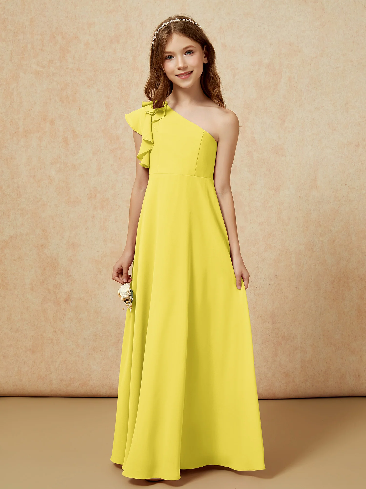One Shoulder Flutter Sleeves Junior Bridesmaid Dresses Lemon - Image 4