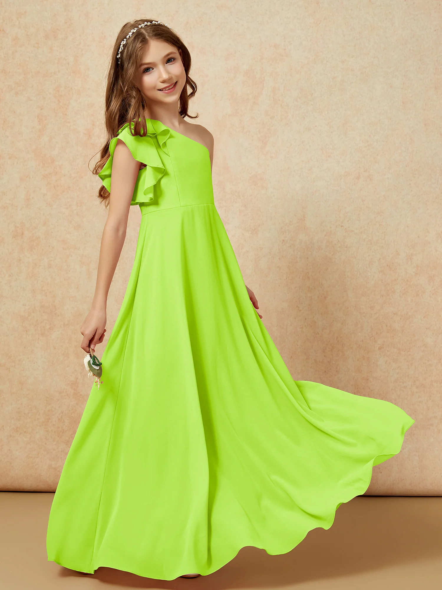 One Shoulder Flutter Sleeves Junior Bridesmaid Dresses Lime Green - Image 6