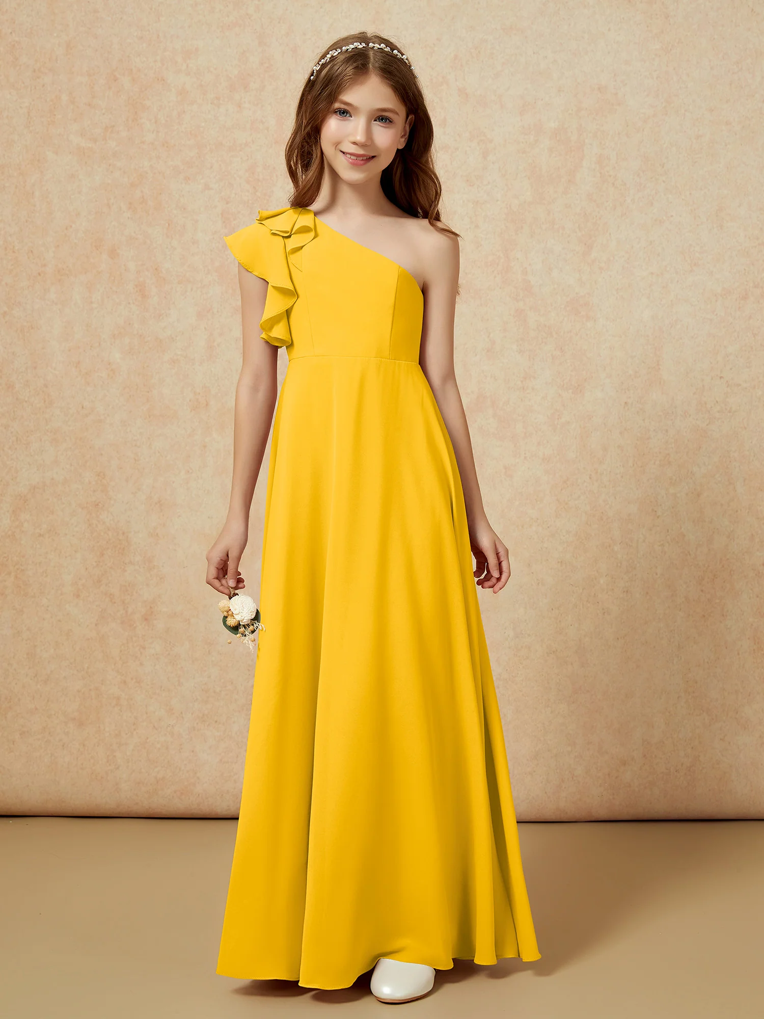 One Shoulder Flutter Sleeves Junior Bridesmaid Dresses Marigold