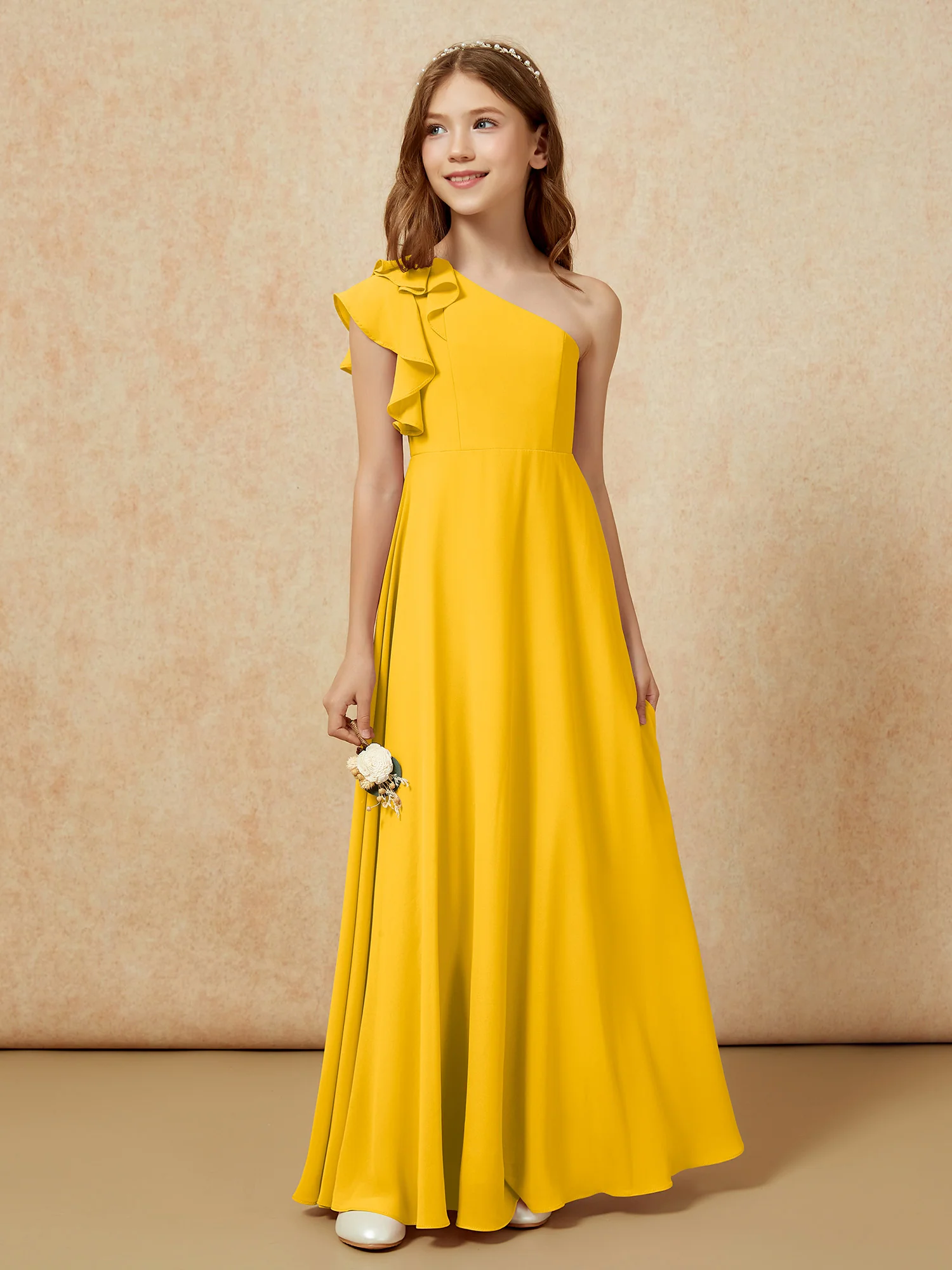 One Shoulder Flutter Sleeves Junior Bridesmaid Dresses Marigold - Image 5