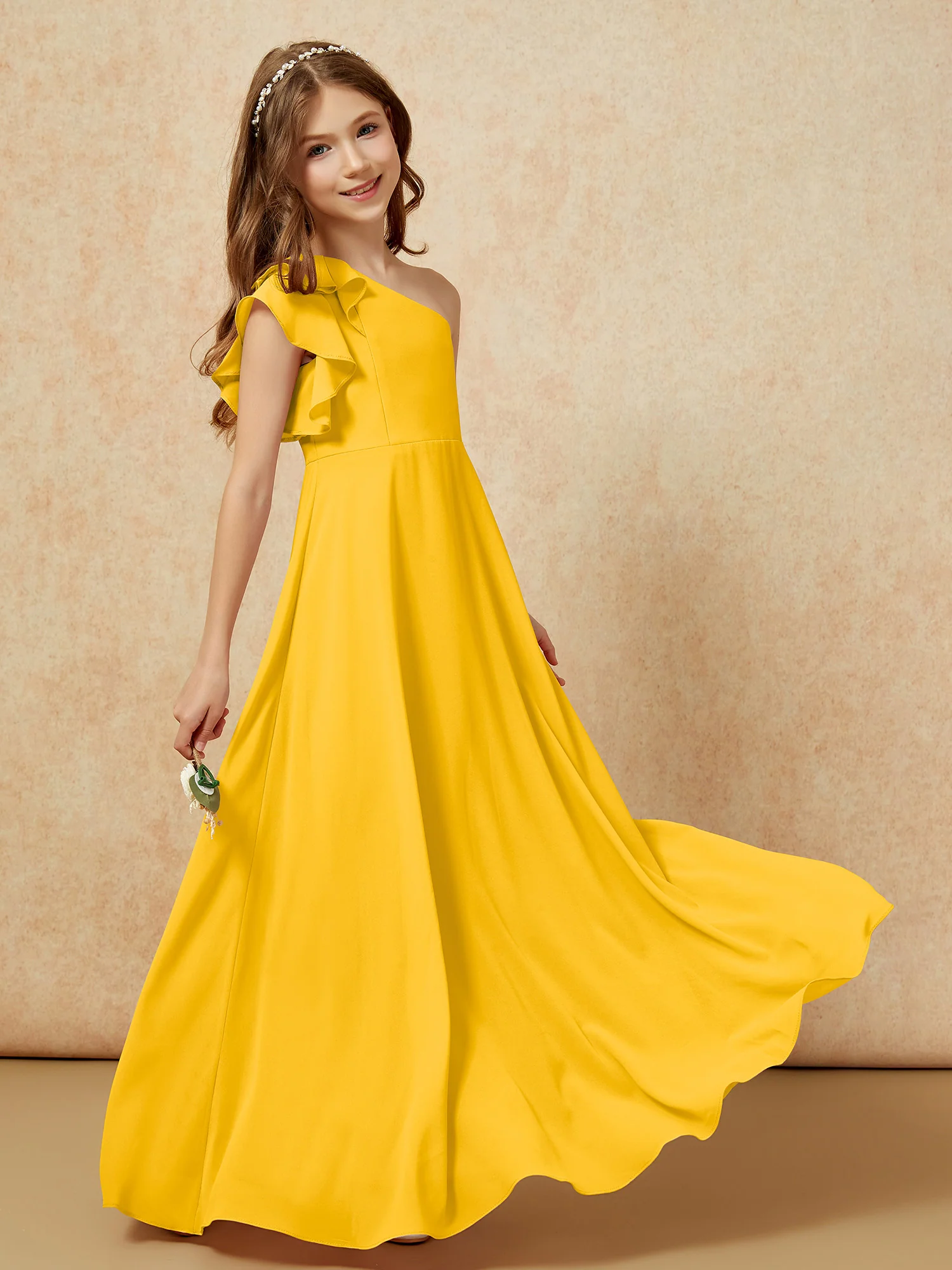 One Shoulder Flutter Sleeves Junior Bridesmaid Dresses Marigold - Image 6