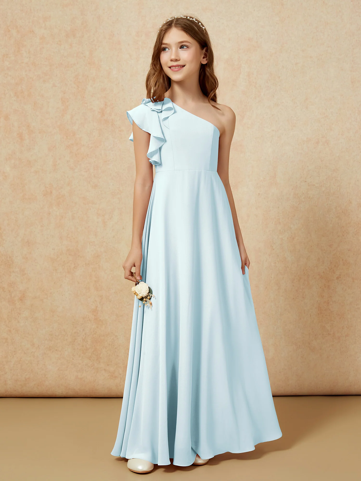 One Shoulder Flutter Sleeves Junior Bridesmaid Dresses Mist - Image 5