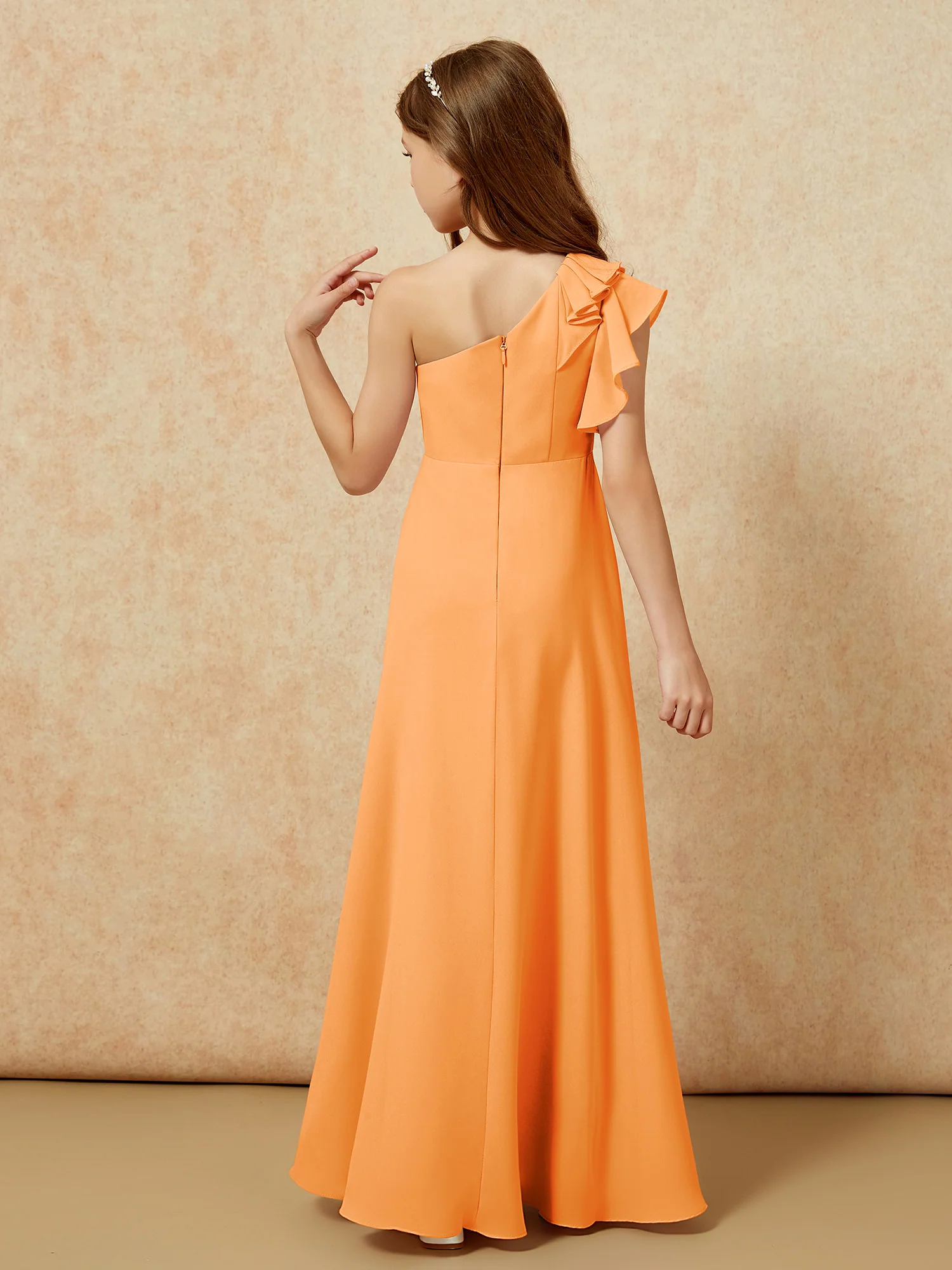 One Shoulder Flutter Sleeves Junior Bridesmaid Dresses Orange - Image 2