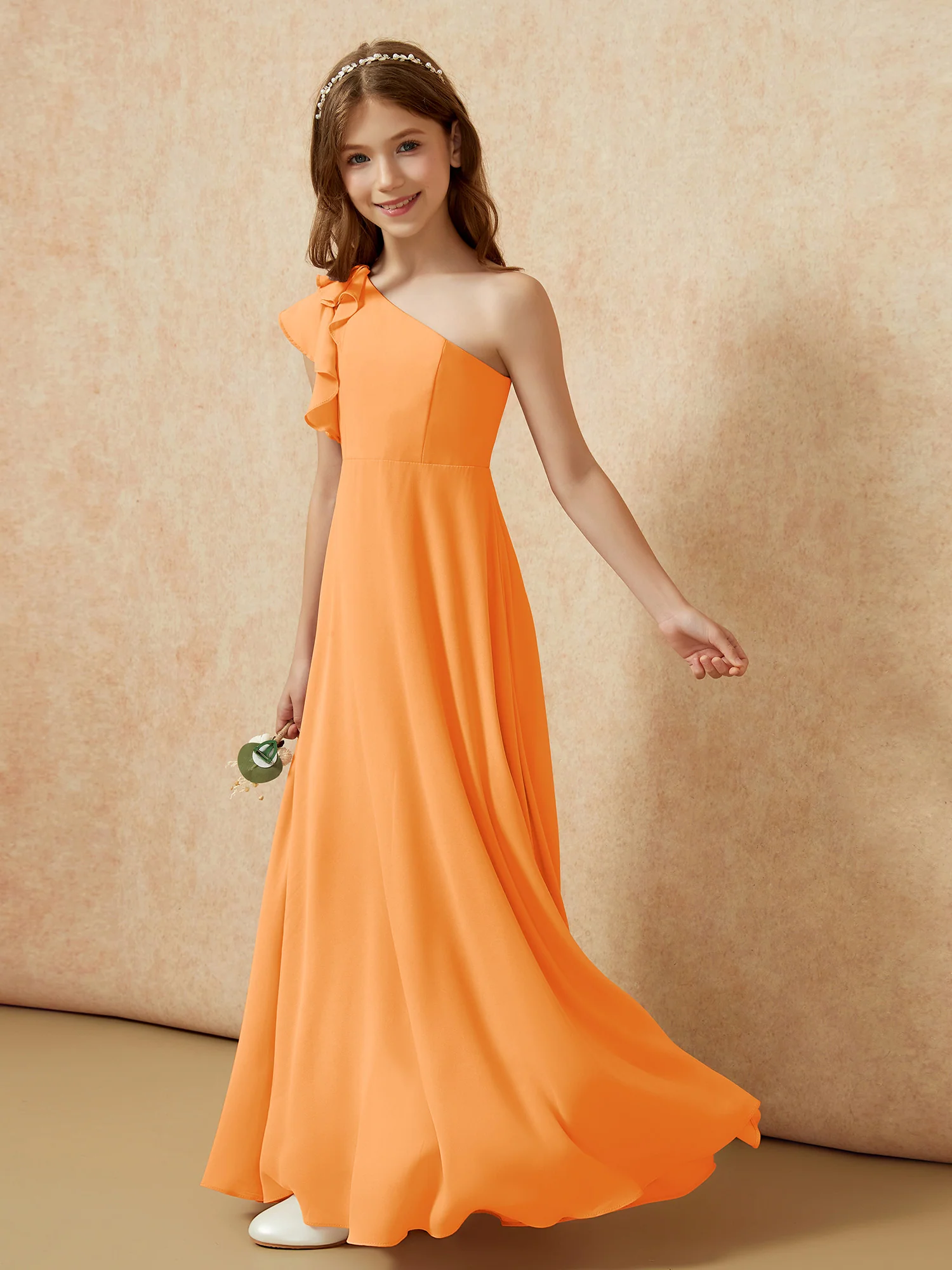 One Shoulder Flutter Sleeves Junior Bridesmaid Dresses Orange - Image 3