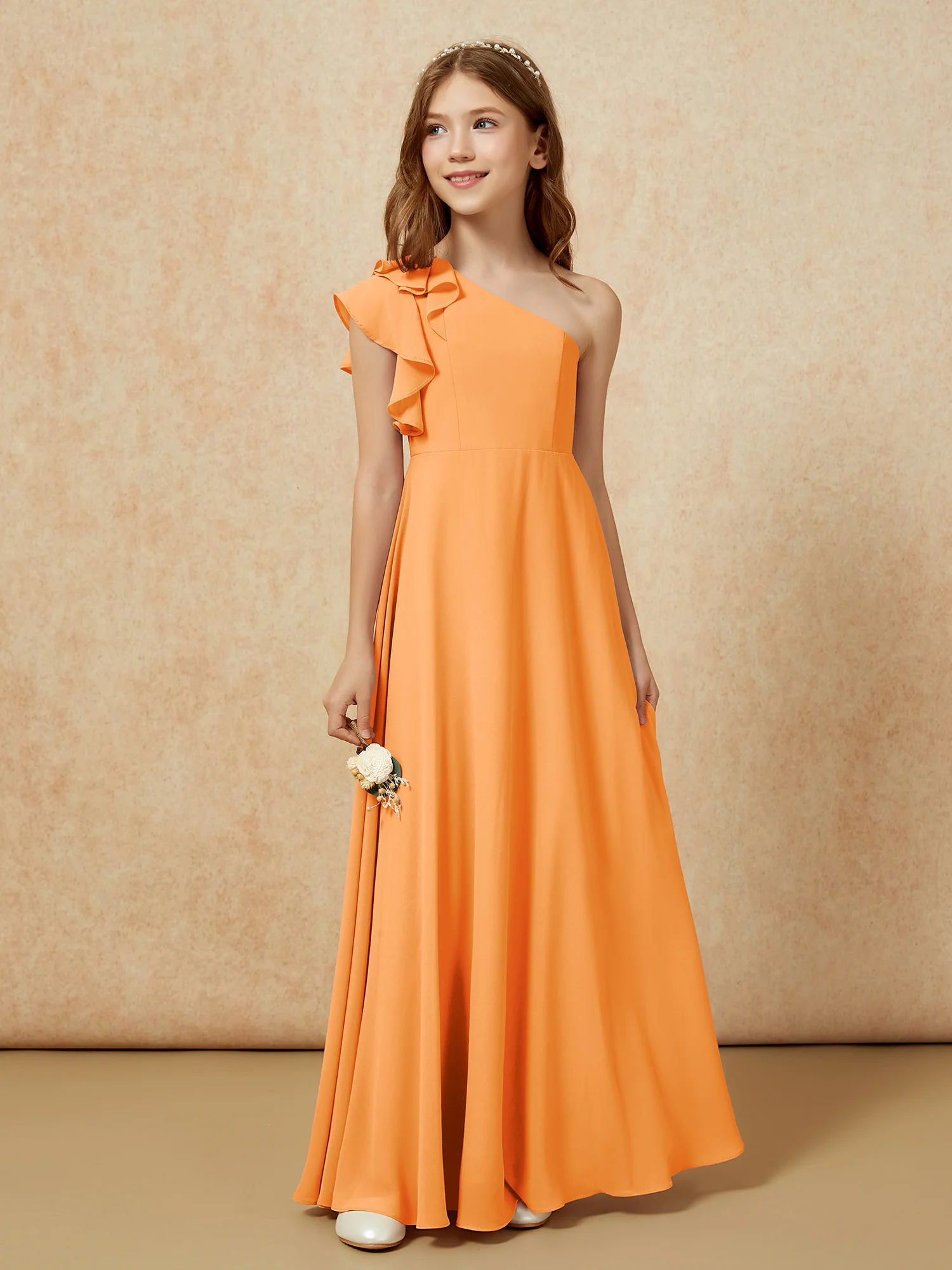One Shoulder Flutter Sleeves Junior Bridesmaid Dresses Orange - Image 5