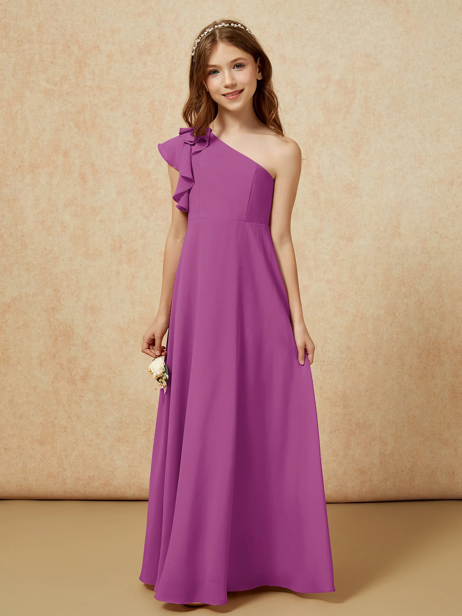 One Shoulder Flutter Sleeves Junior Bridesmaid Dresses Orchid - Image 4