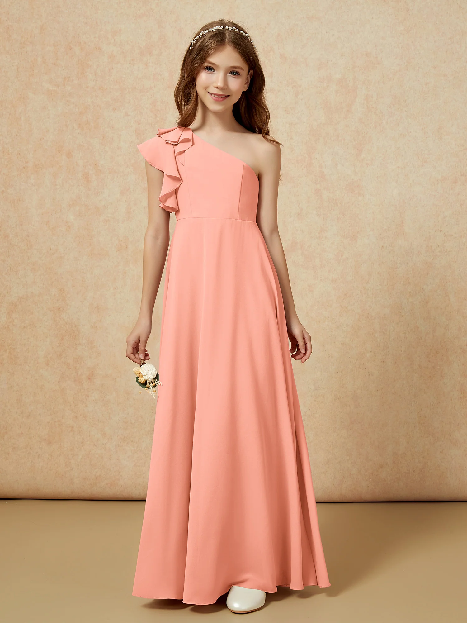 One Shoulder Flutter Sleeves Junior Bridesmaid Dresses Papaya