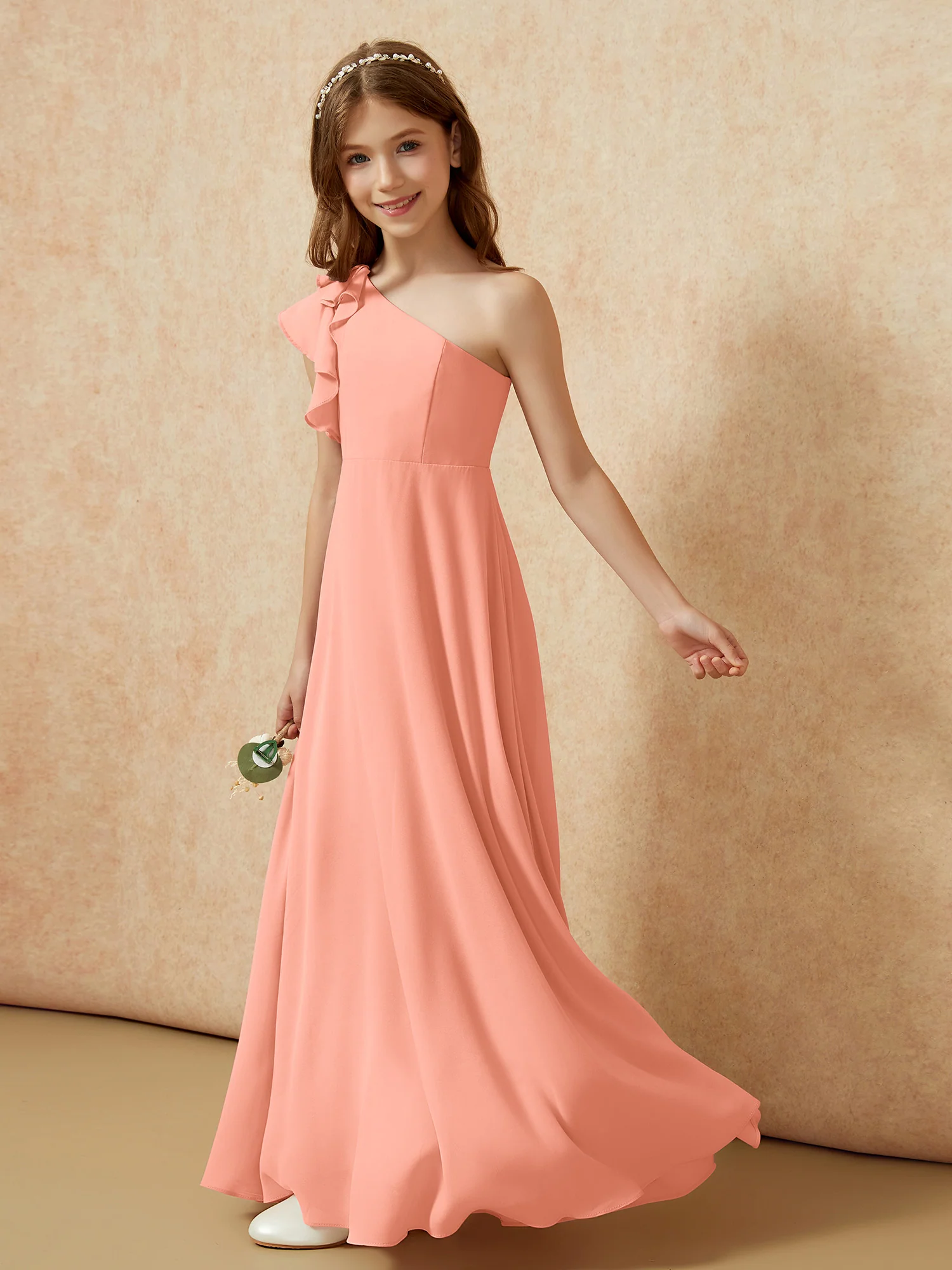 One Shoulder Flutter Sleeves Junior Bridesmaid Dresses Papaya - Image 3