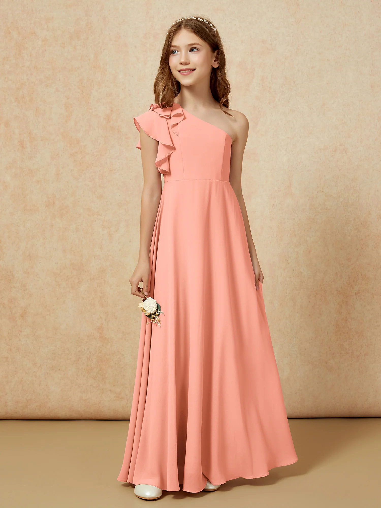 One Shoulder Flutter Sleeves Junior Bridesmaid Dresses Papaya - Image 5