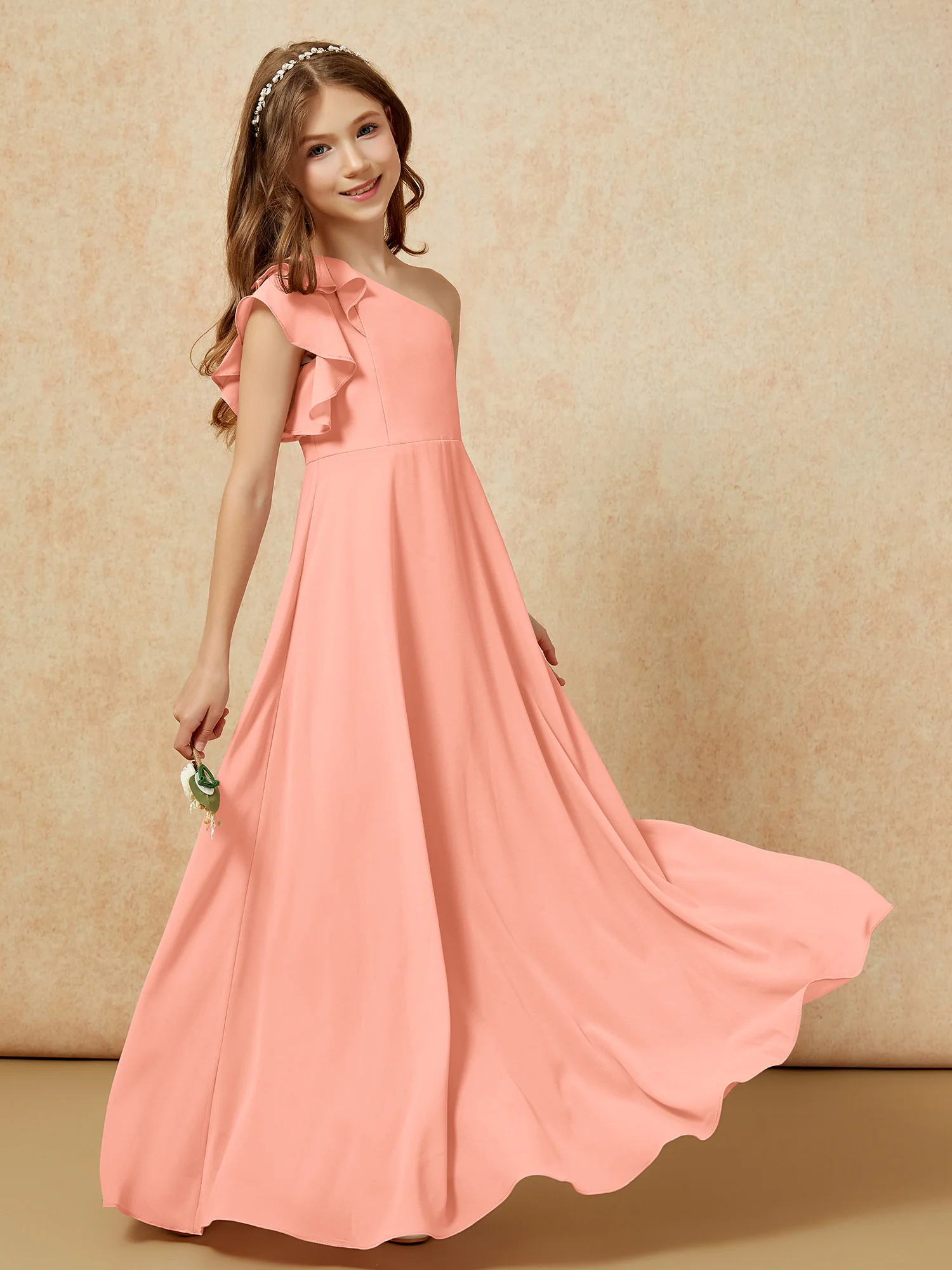 One Shoulder Flutter Sleeves Junior Bridesmaid Dresses Papaya - Image 6