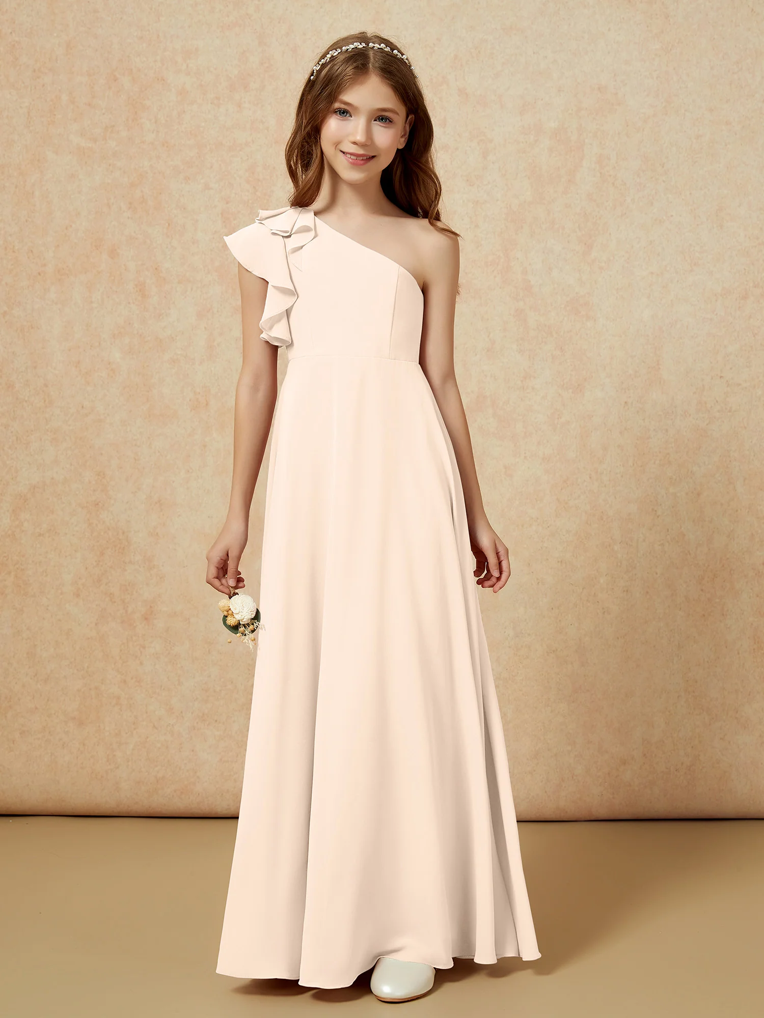 One Shoulder Flutter Sleeves Junior Bridesmaid Dresses Peach