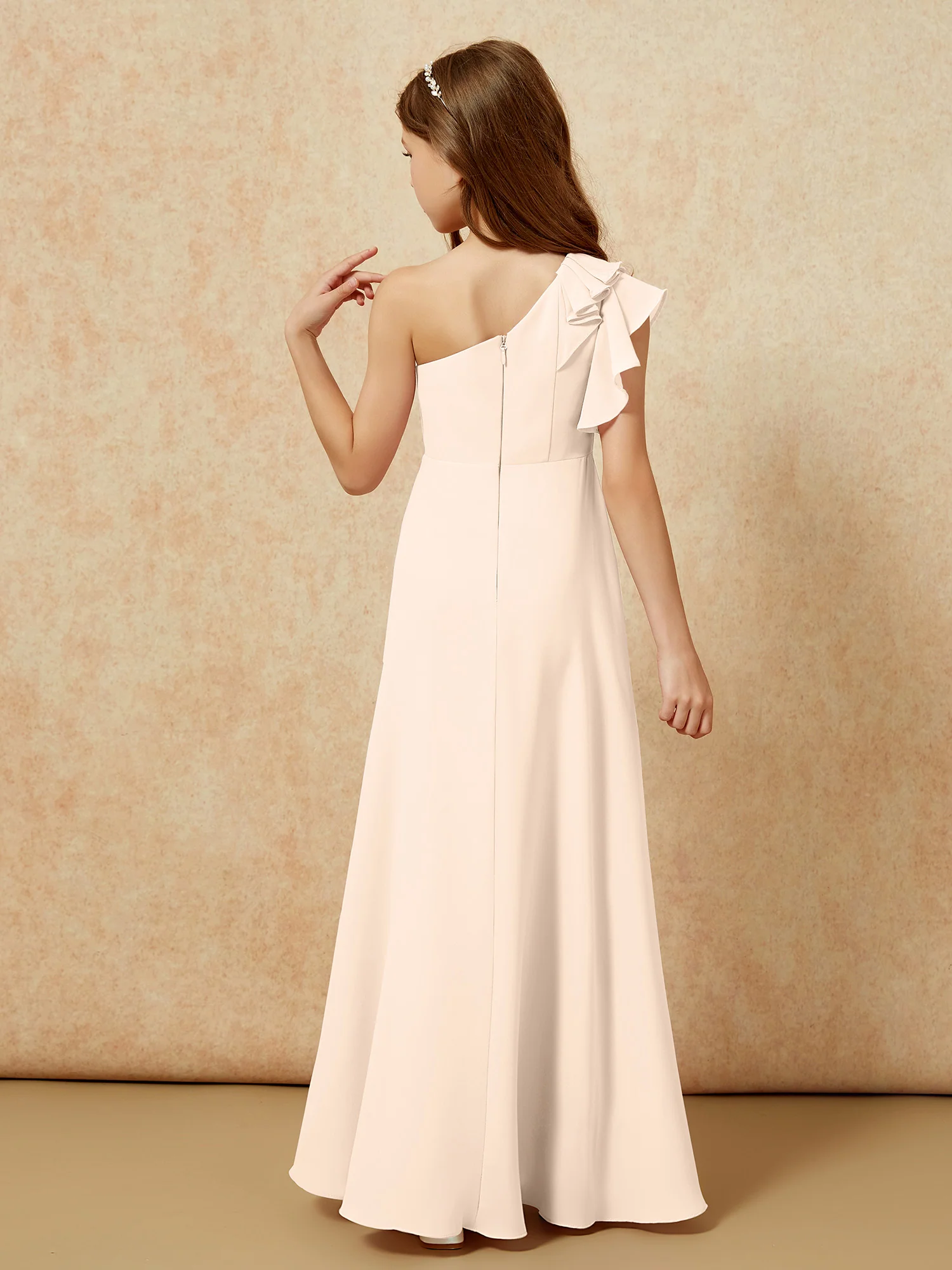 One Shoulder Flutter Sleeves Junior Bridesmaid Dresses Peach - Image 2