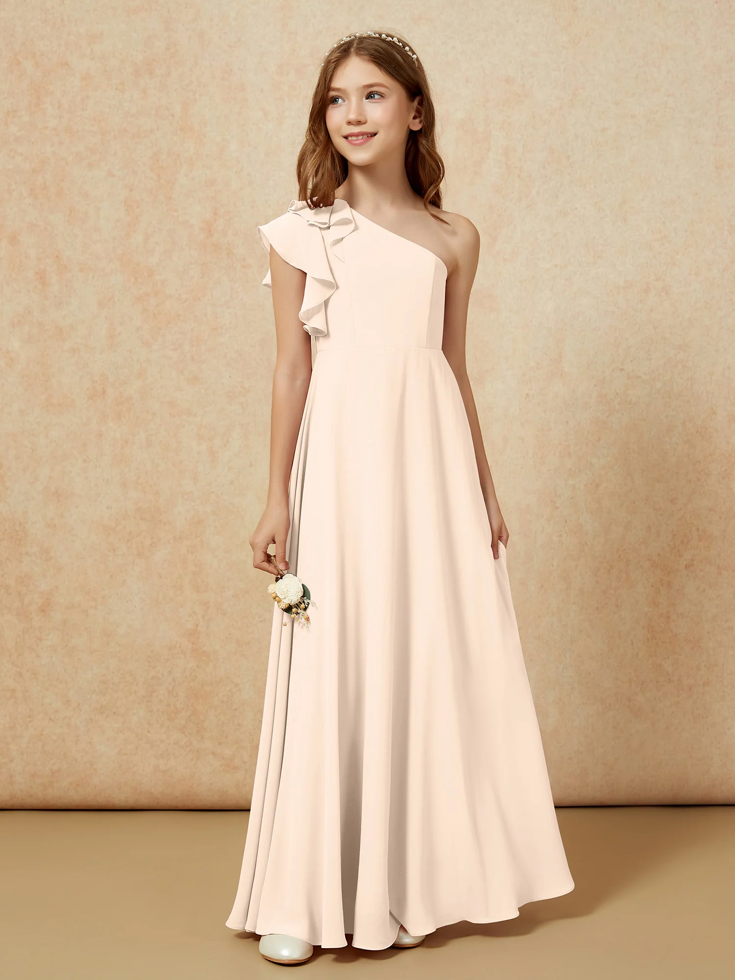 One Shoulder Flutter Sleeves Junior Bridesmaid Dresses Peach - Image 5