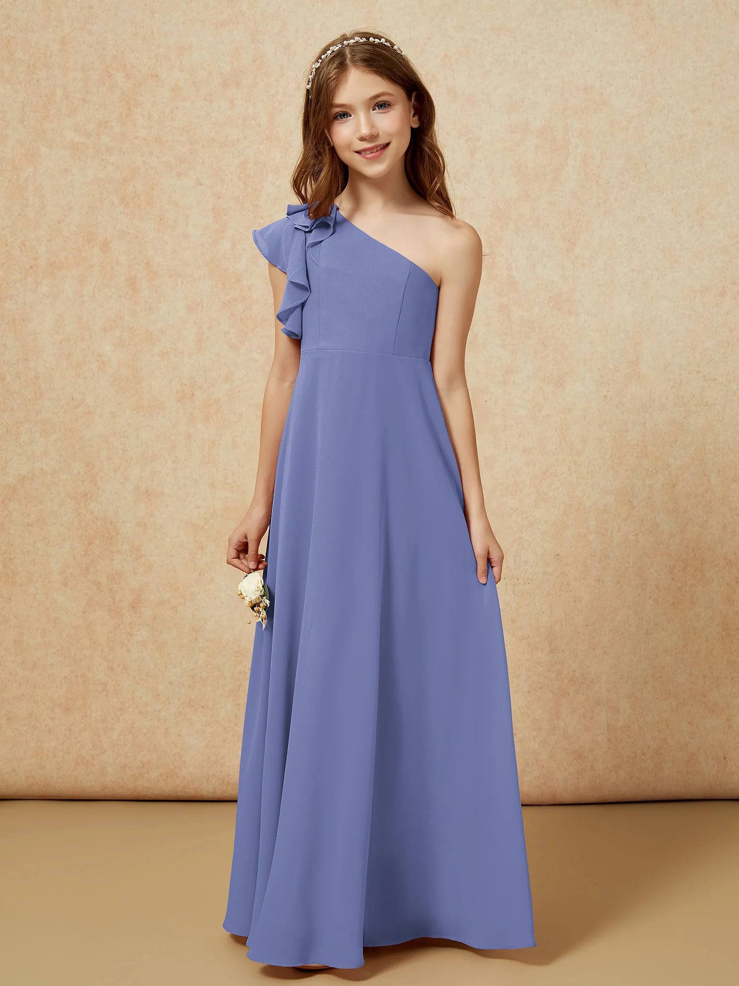 One Shoulder Flutter Sleeves Junior Bridesmaid Dresses Periwinkle - Image 4