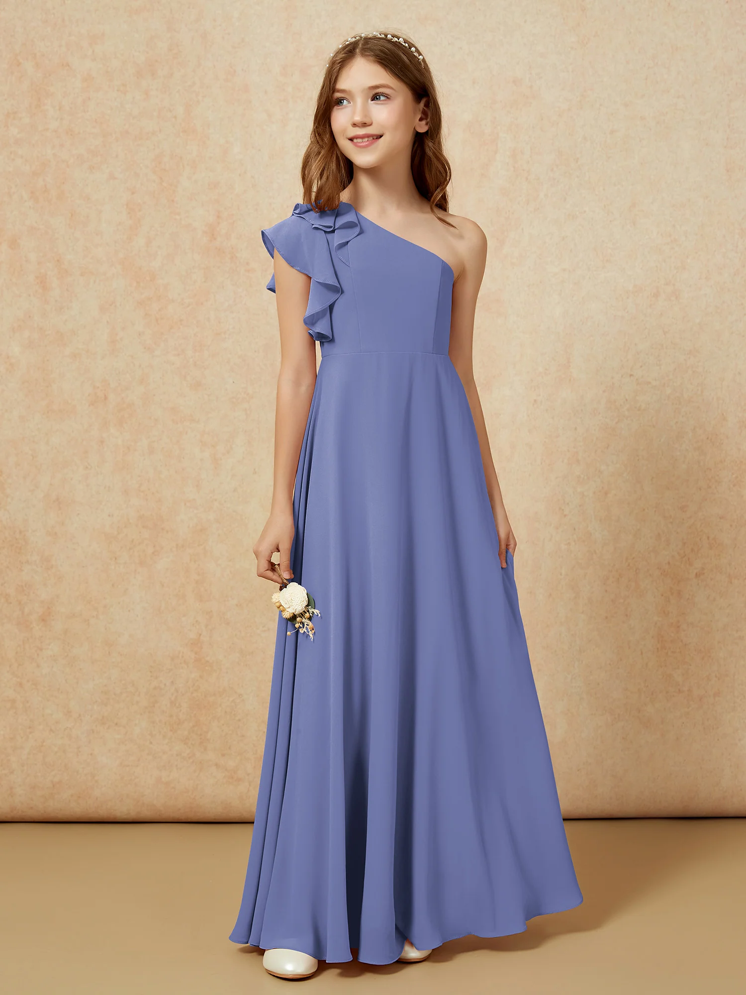 One Shoulder Flutter Sleeves Junior Bridesmaid Dresses Periwinkle - Image 5