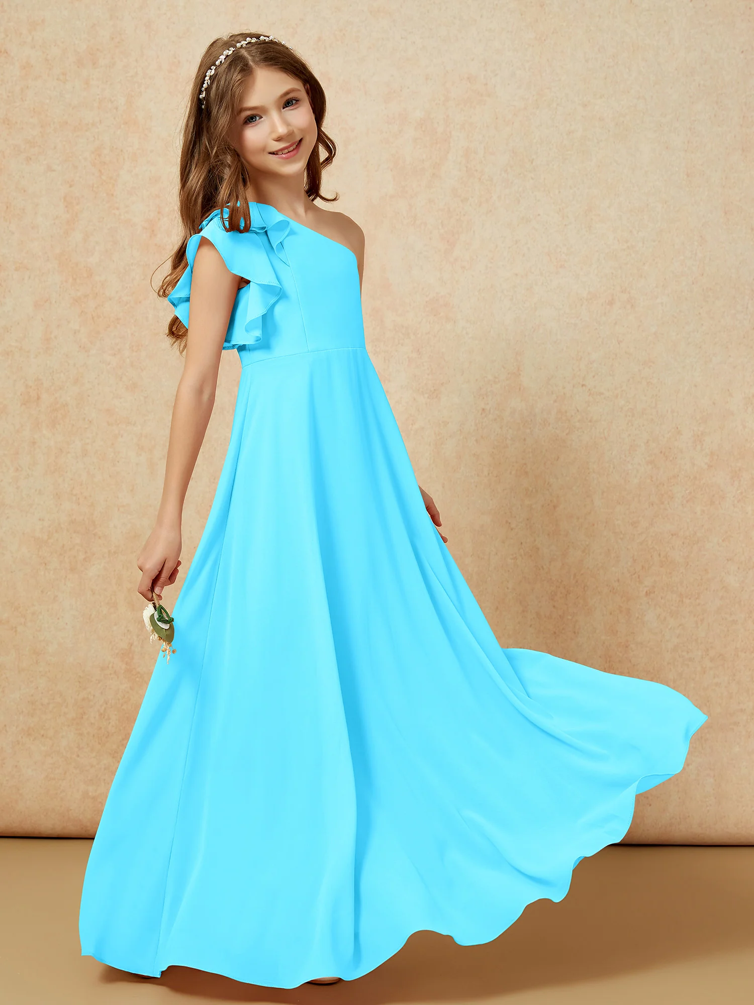 One Shoulder Flutter Sleeves Junior Bridesmaid Dresses Pool - Image 6