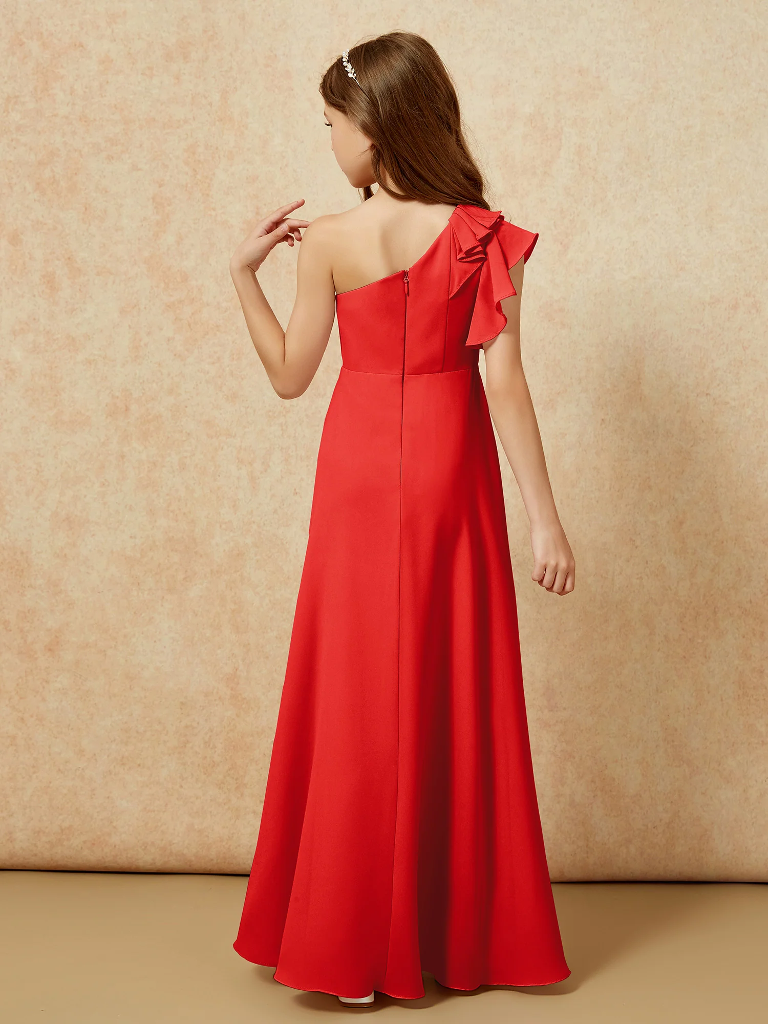 One Shoulder Flutter Sleeves Junior Bridesmaid Dresses Red - Image 2