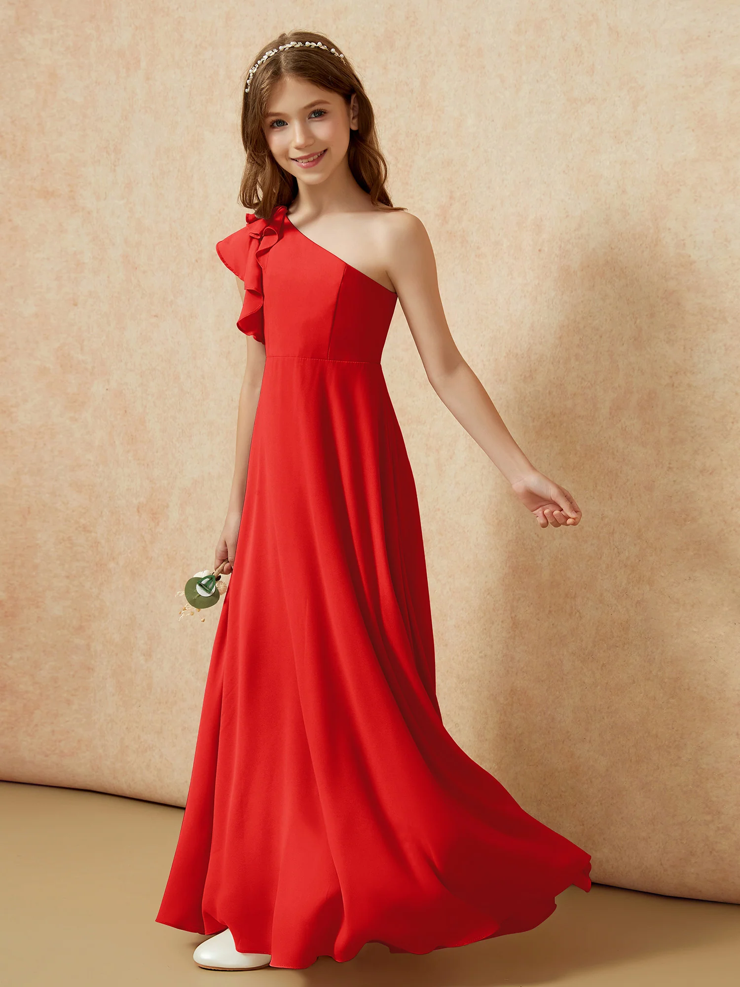 One Shoulder Flutter Sleeves Junior Bridesmaid Dresses Red - Image 3