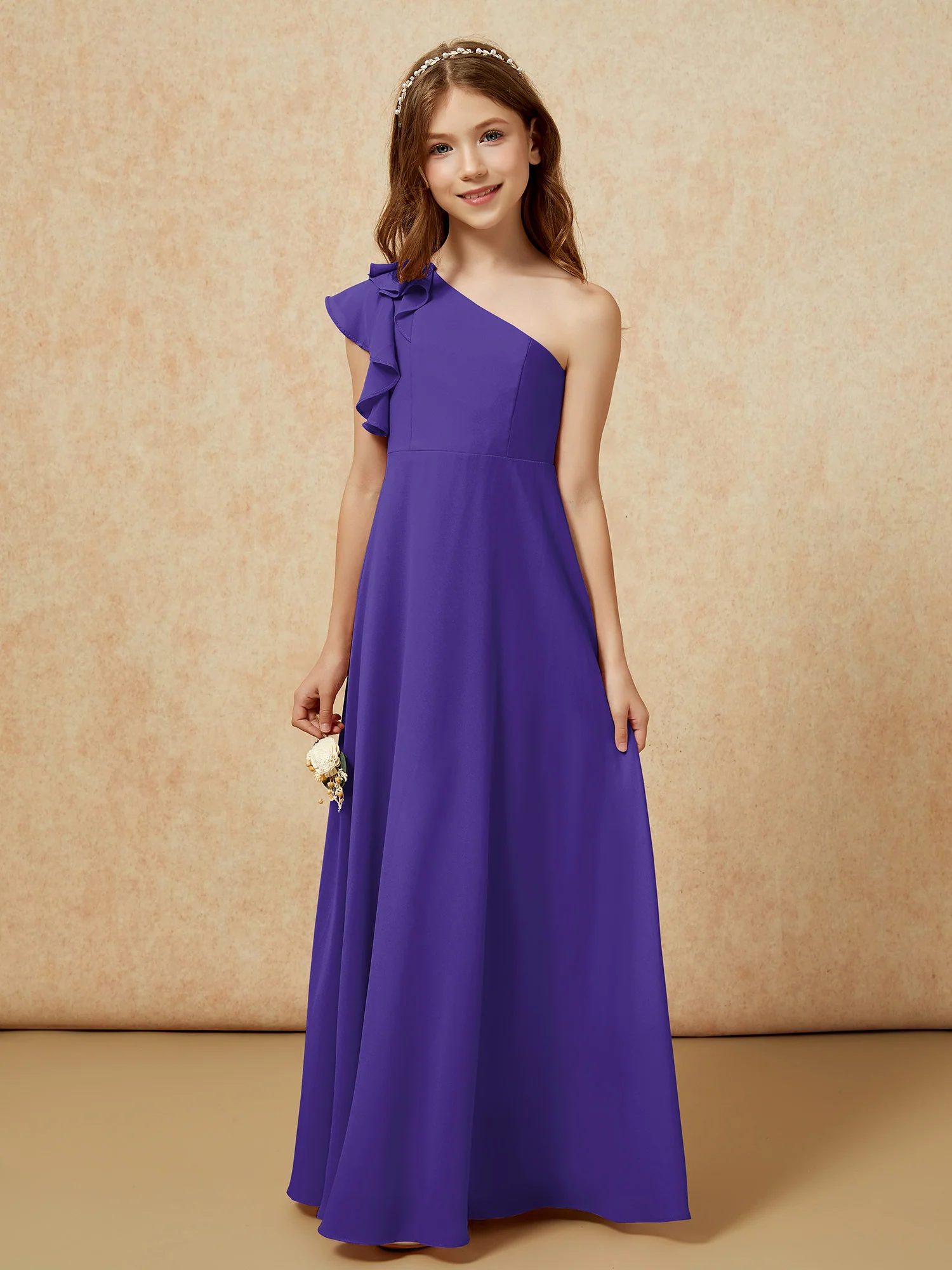 One Shoulder Flutter Sleeves Junior Bridesmaid Dresses Regency - Image 4