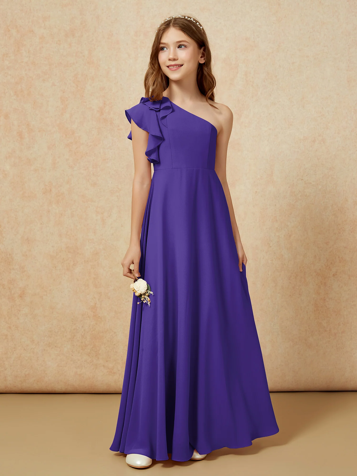 One Shoulder Flutter Sleeves Junior Bridesmaid Dresses Regency - Image 5