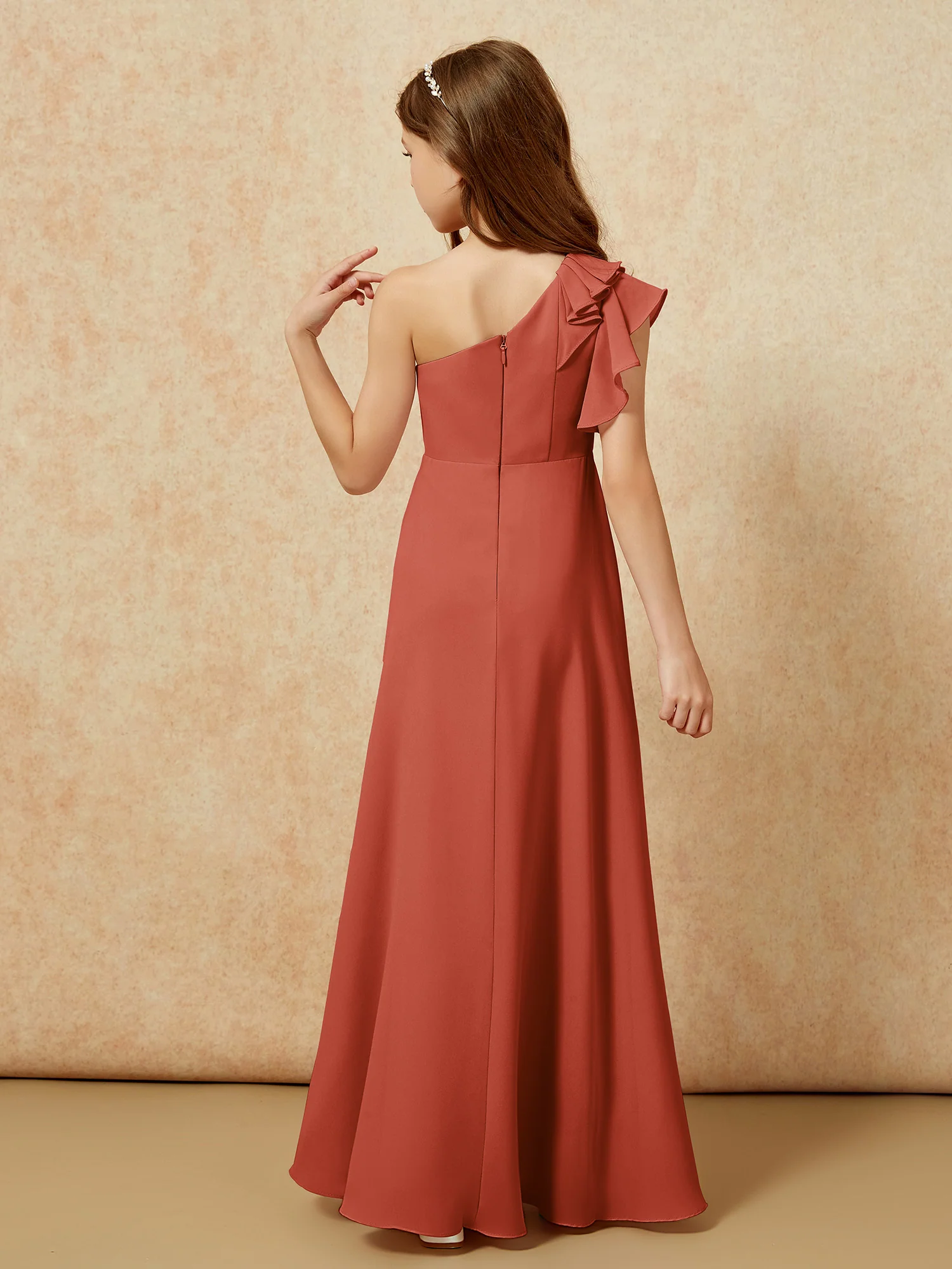 One Shoulder Flutter Sleeves Junior Bridesmaid Dresses Rust - Image 2