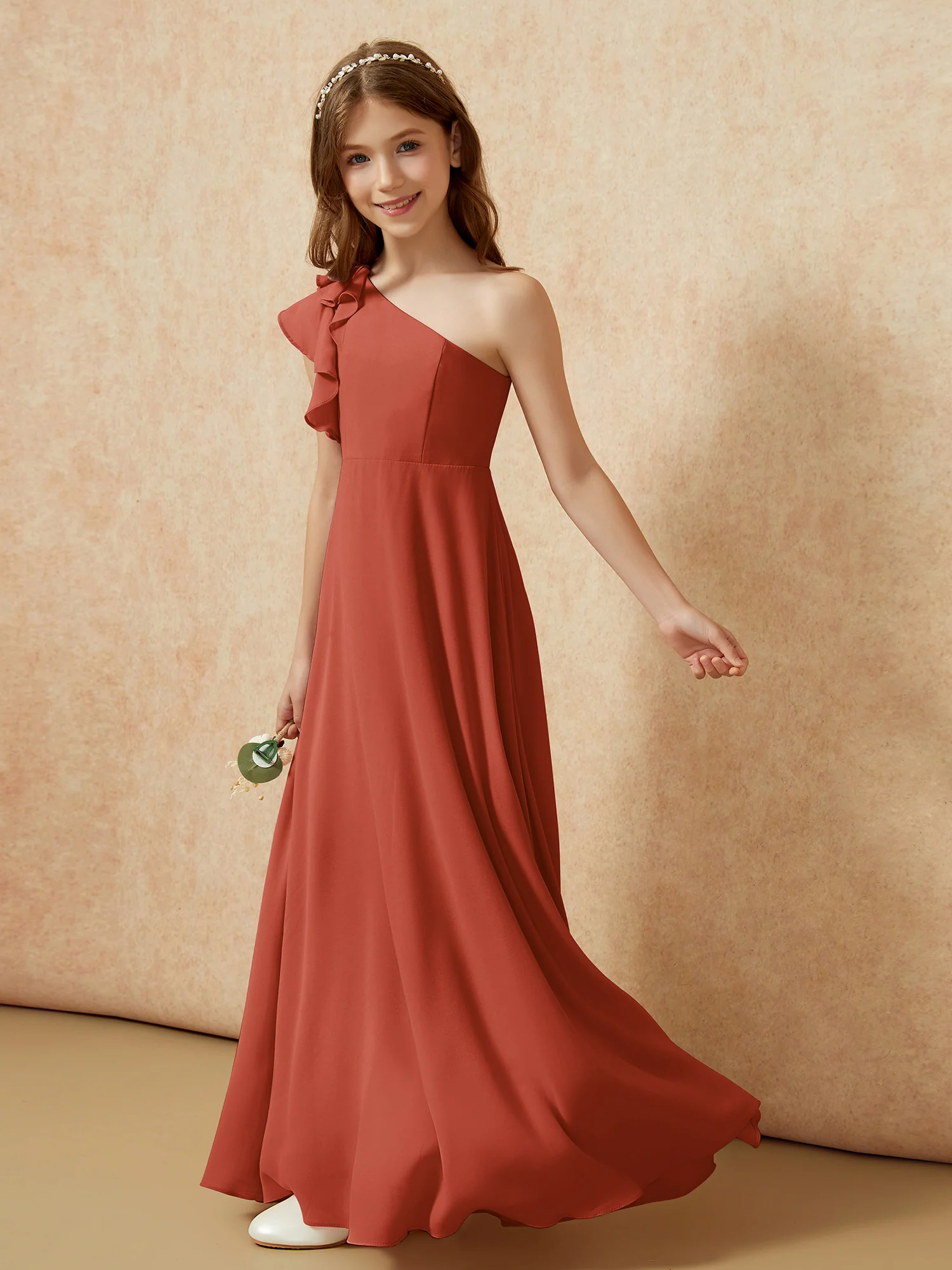One Shoulder Flutter Sleeves Junior Bridesmaid Dresses Rust - Image 3