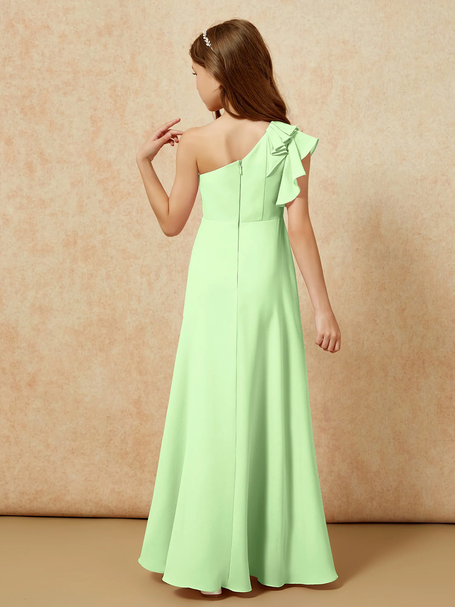 One Shoulder Flutter Sleeves Junior Bridesmaid Dresses Sage - Image 2