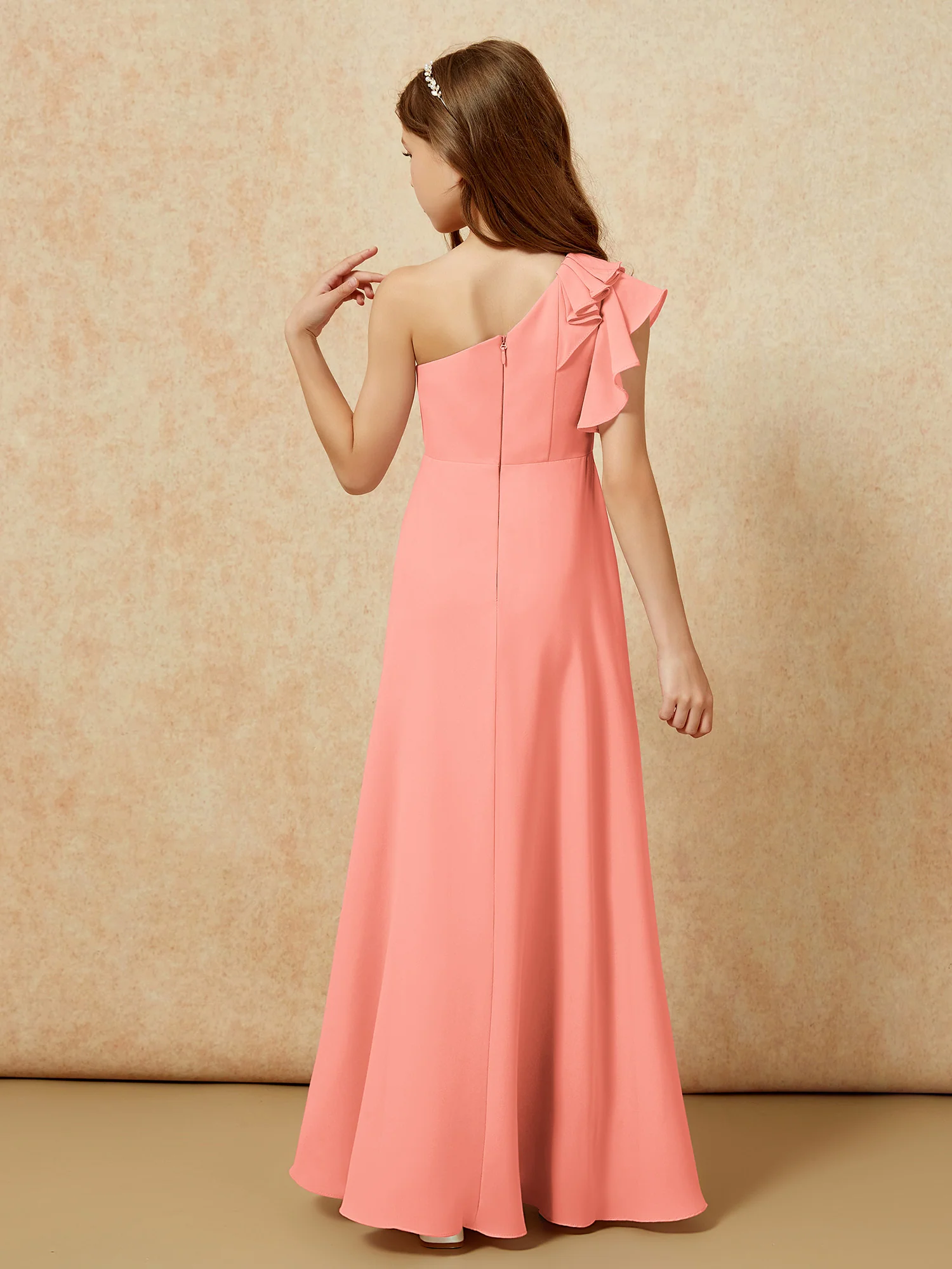 One Shoulder Flutter Sleeves Junior Bridesmaid Dresses Sunset - Image 2