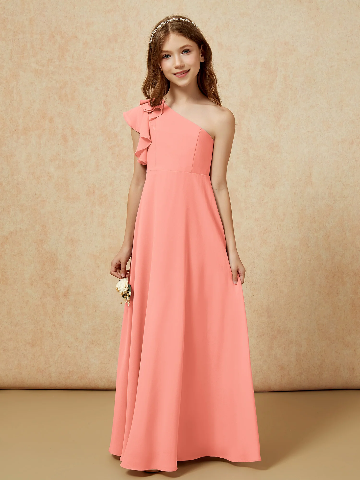 One Shoulder Flutter Sleeves Junior Bridesmaid Dresses Sunset - Image 4