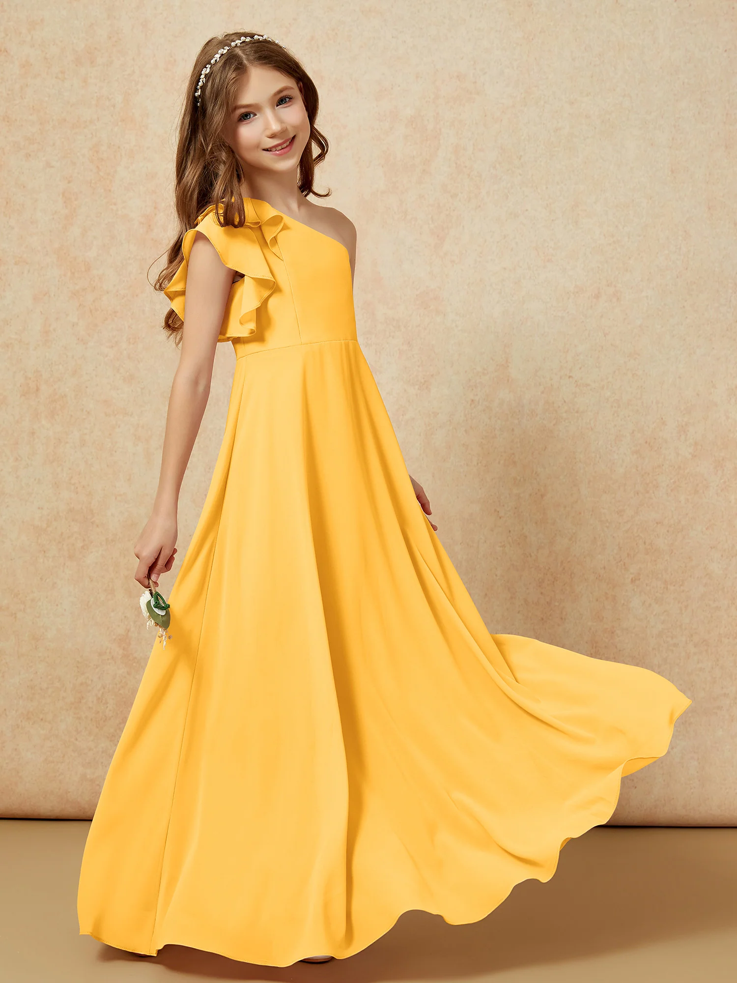 One Shoulder Flutter Sleeves Junior Bridesmaid Dresses Tangerine - Image 6