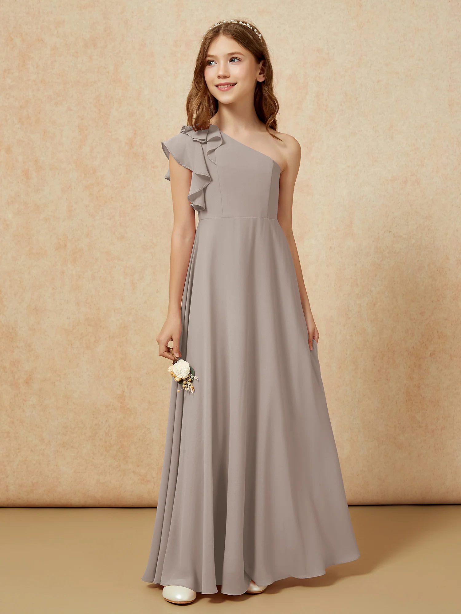 One Shoulder Flutter Sleeves Junior Bridesmaid Dresses Taupe - Image 5