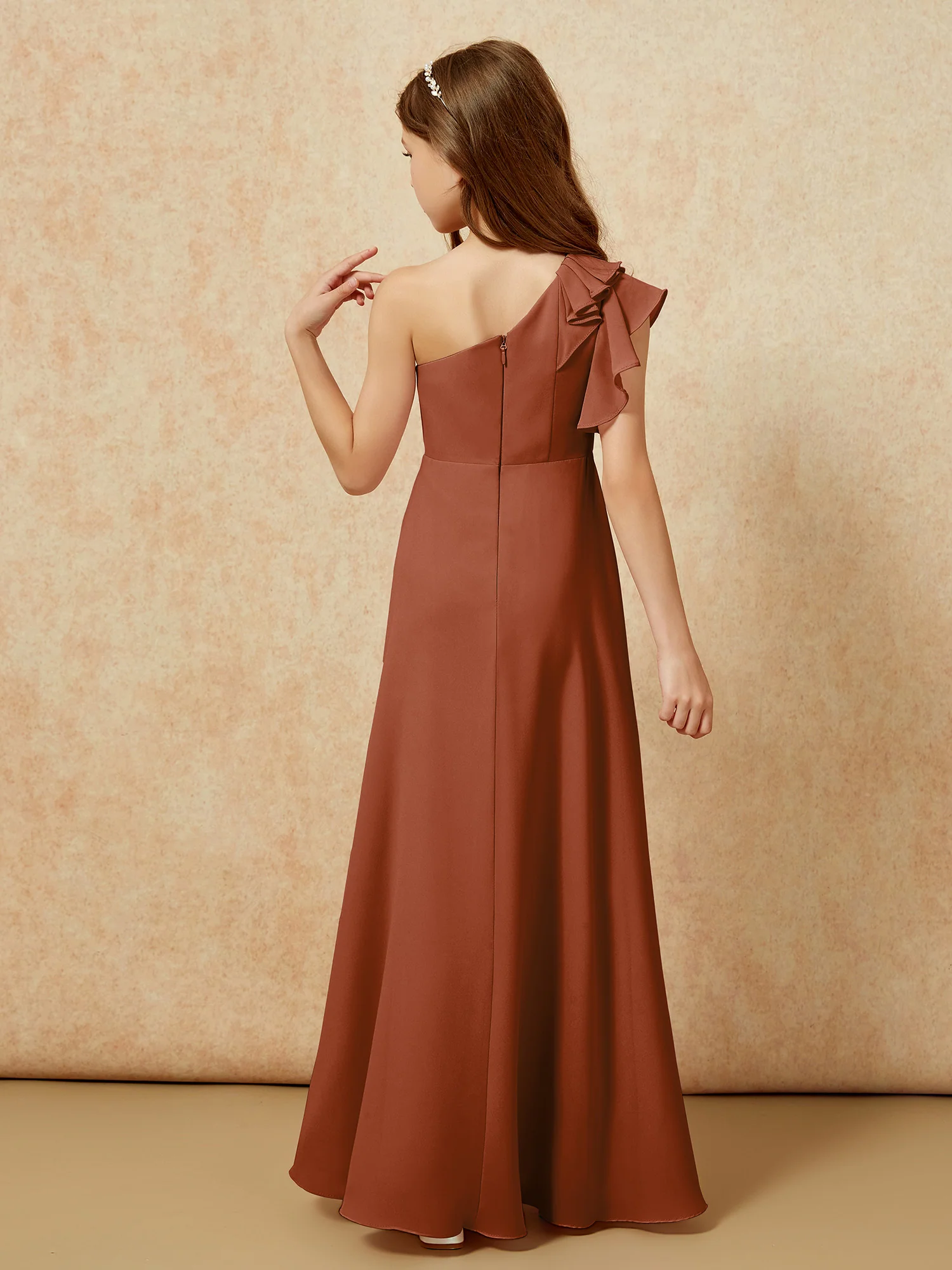 One Shoulder Flutter Sleeves Junior Bridesmaid Dresses Terracotta - Image 2