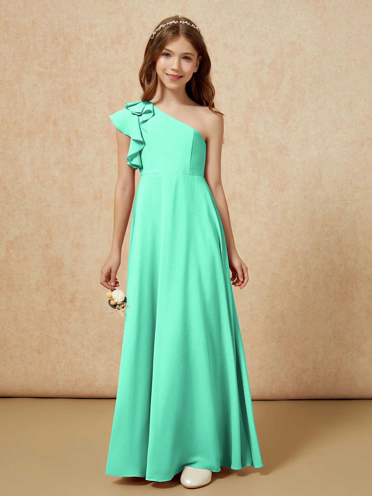 One Shoulder Flutter Sleeves Junior Bridesmaid Dresses Turquoise