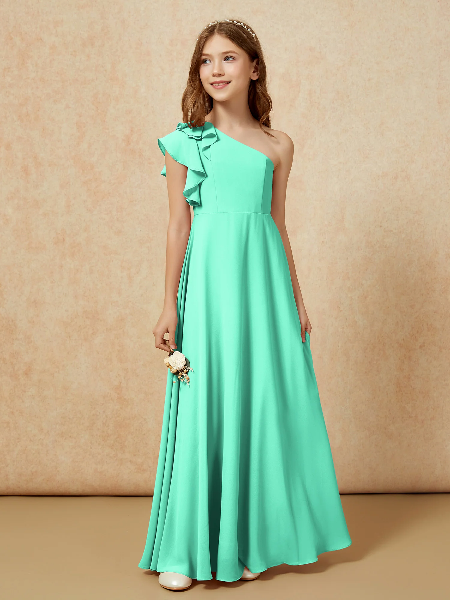 One Shoulder Flutter Sleeves Junior Bridesmaid Dresses Turquoise - Image 5