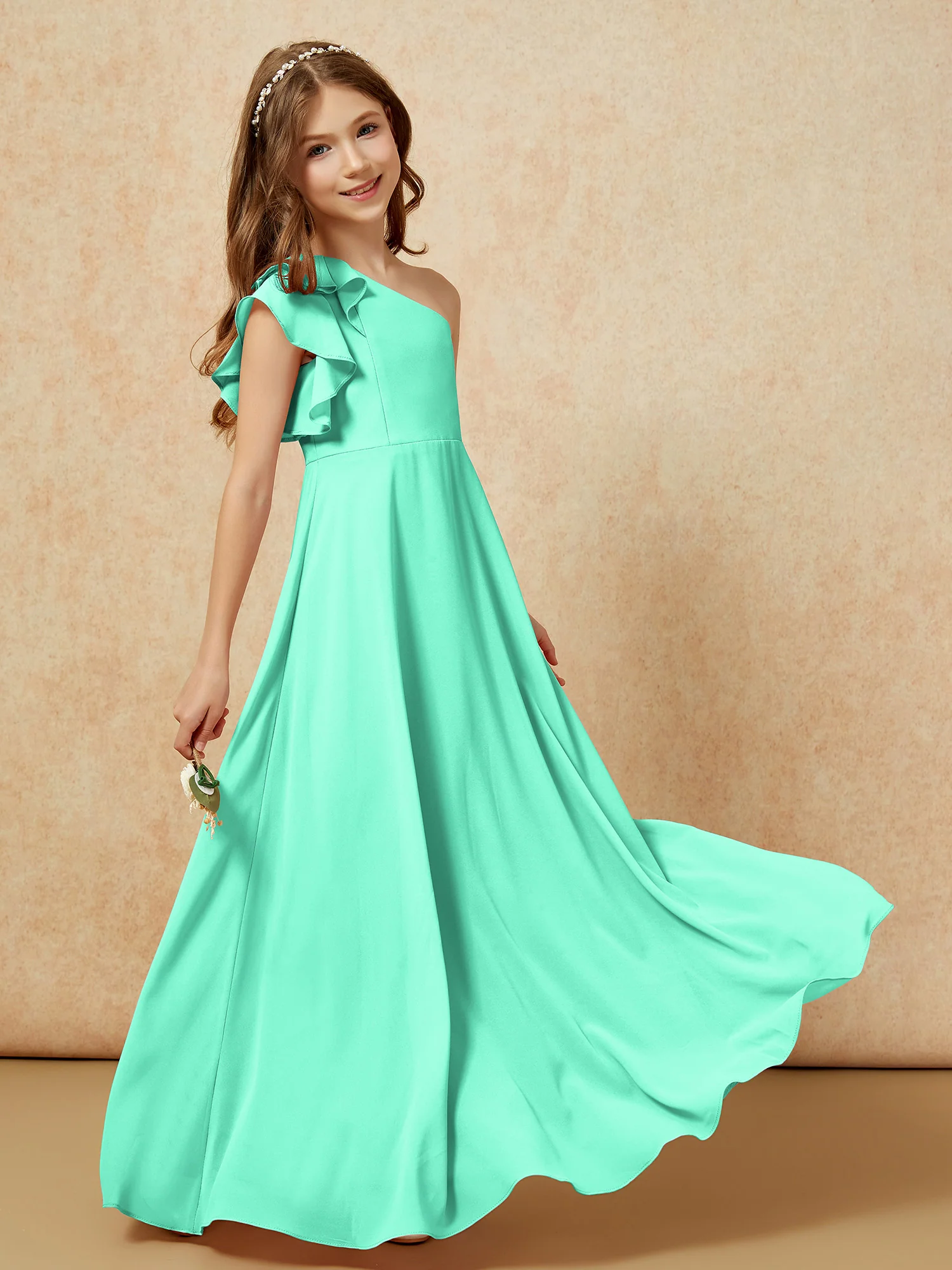 One Shoulder Flutter Sleeves Junior Bridesmaid Dresses Turquoise - Image 6