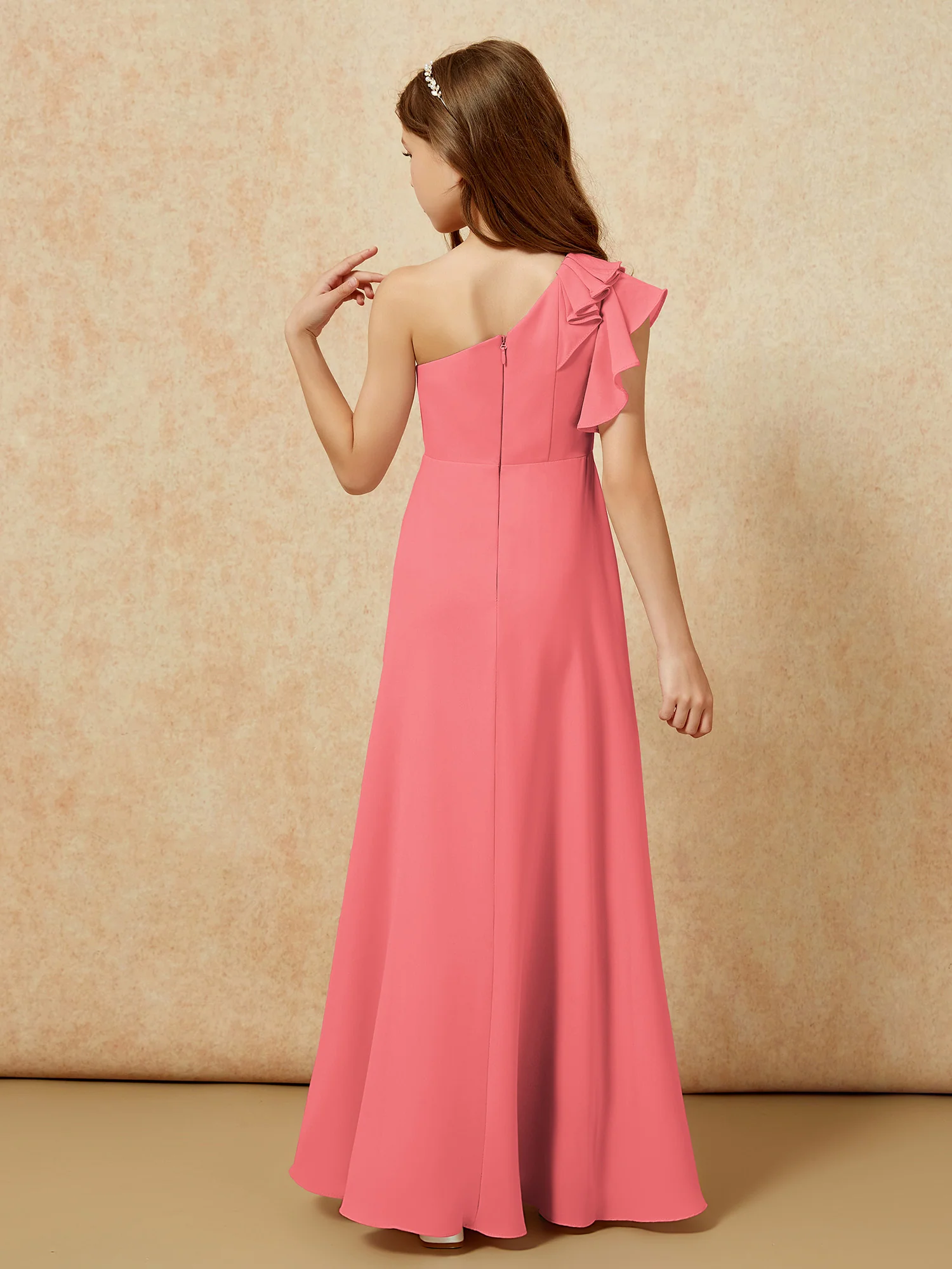 One Shoulder Flutter Sleeves Junior Bridesmaid Dresses Watermelon - Image 2
