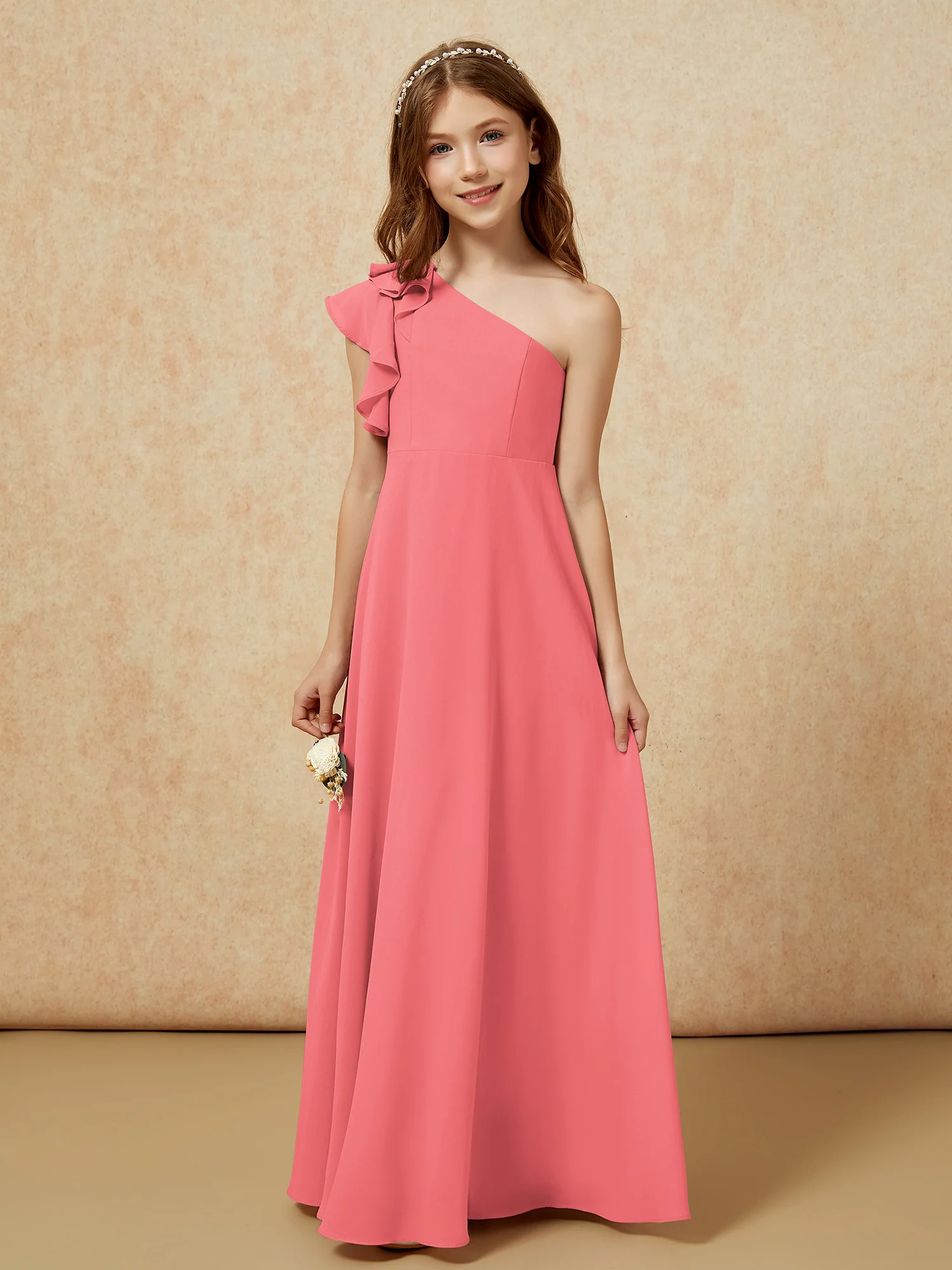 One Shoulder Flutter Sleeves Junior Bridesmaid Dresses Watermelon - Image 4