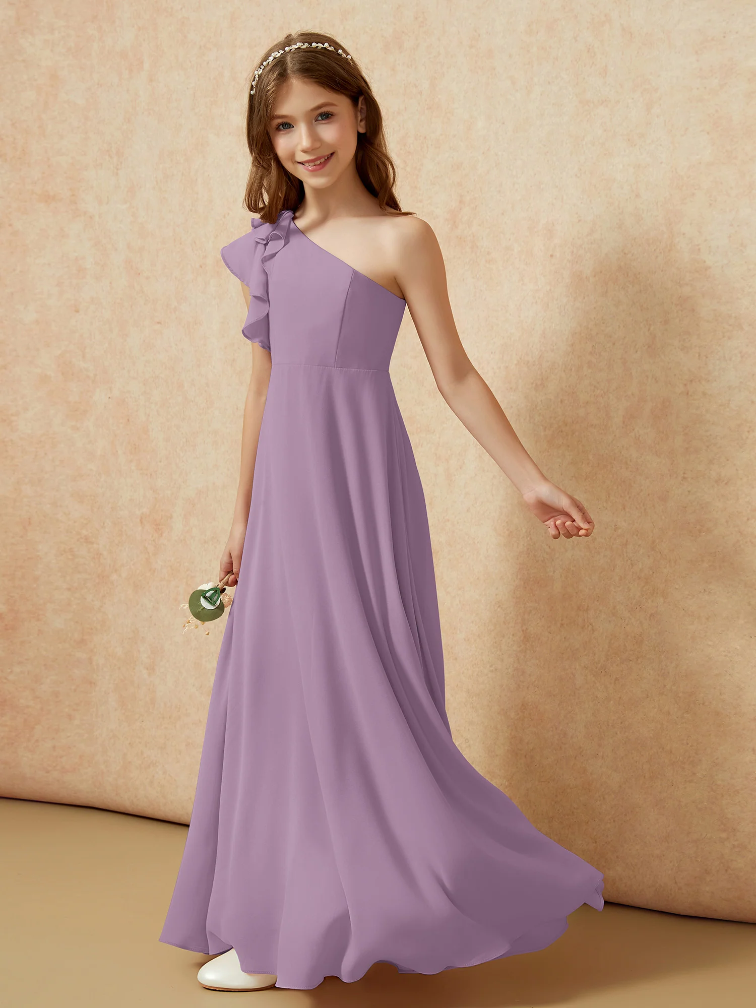 One Shoulder Flutter Sleeves Junior Bridesmaid Dresses Wisteria - Image 3