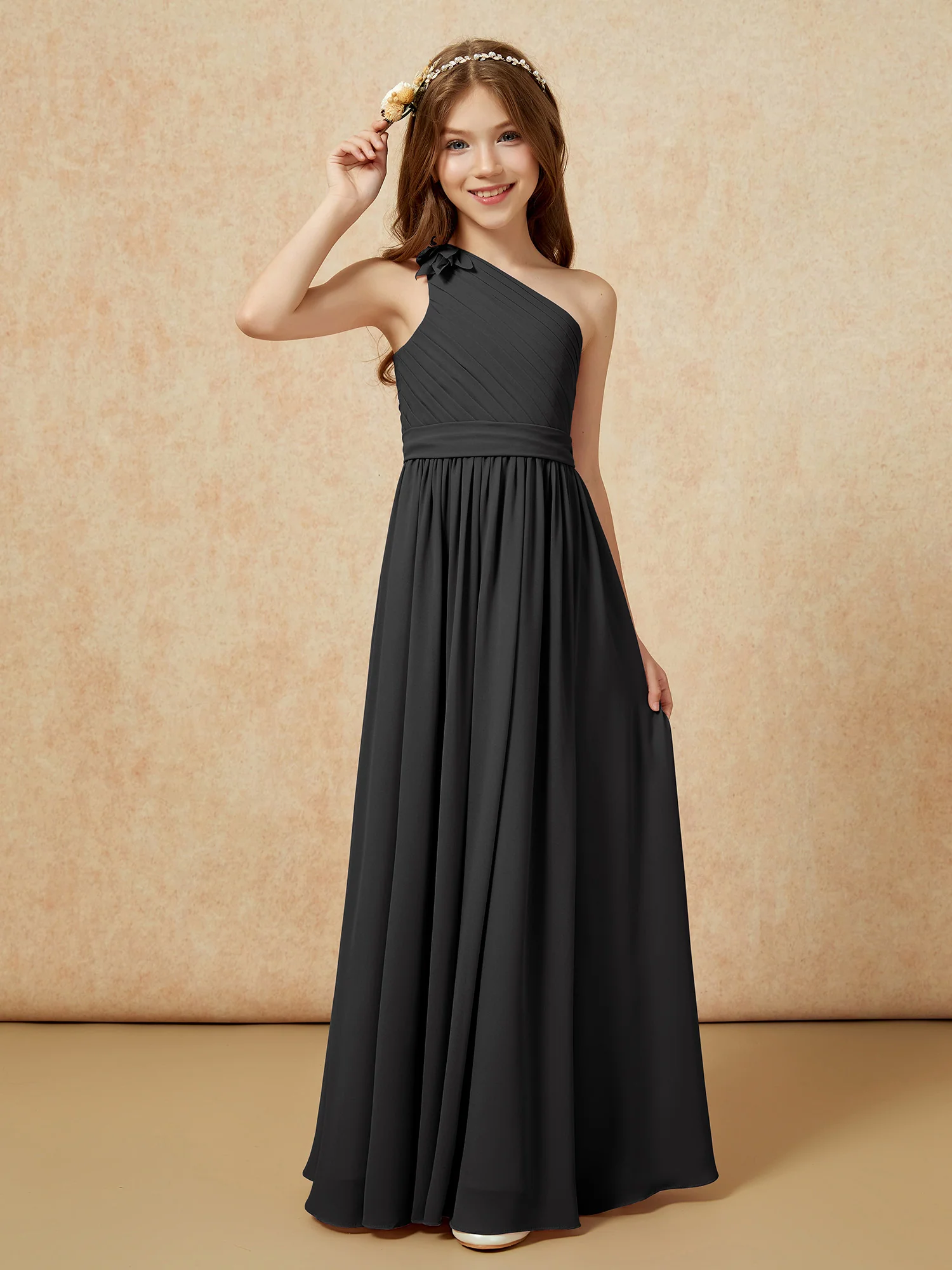 One Shoulder Long Junior Bridesmaid Dress With Slit Black - Image 3
