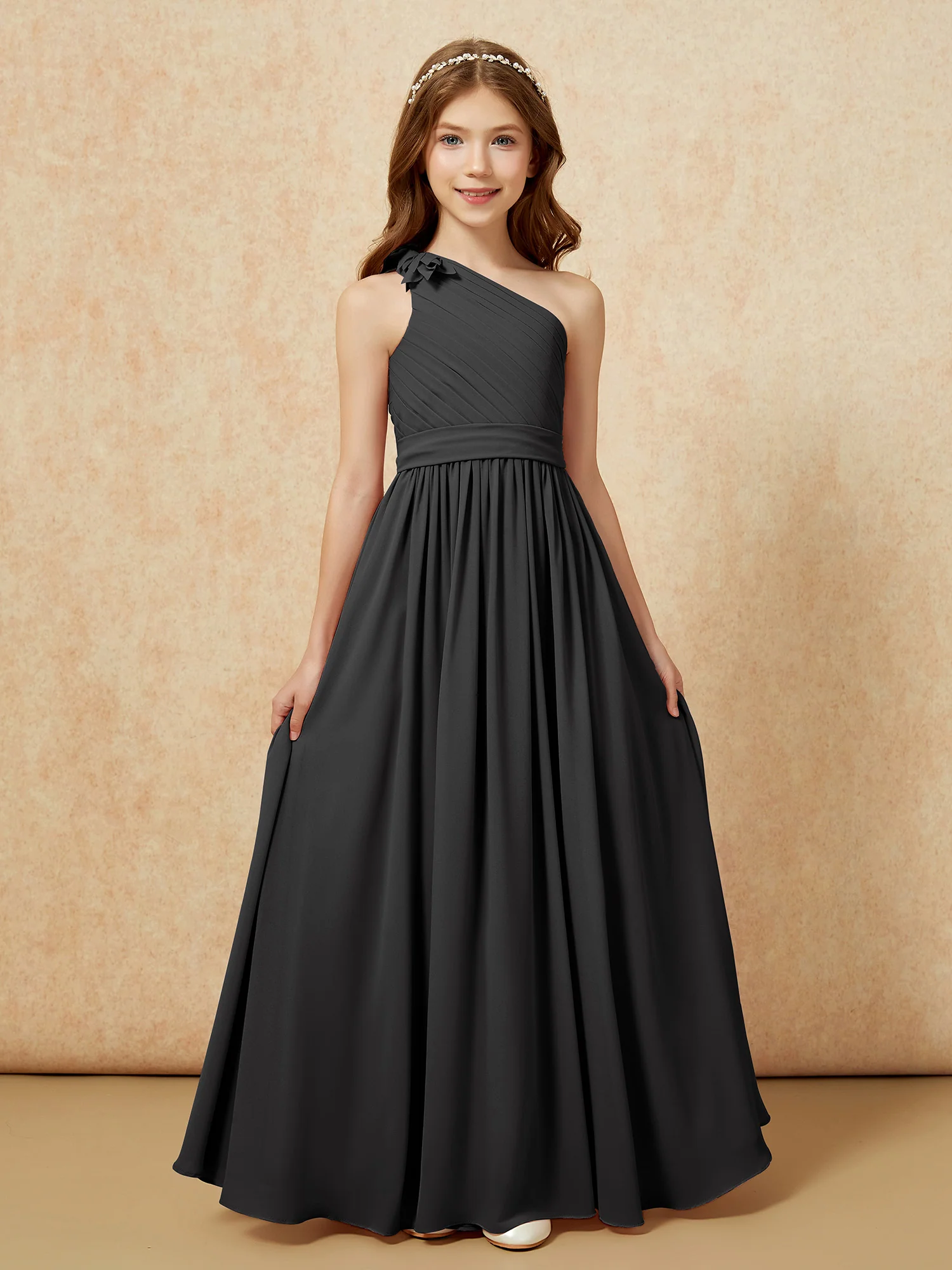 One Shoulder Long Junior Bridesmaid Dress With Slit Black - Image 4