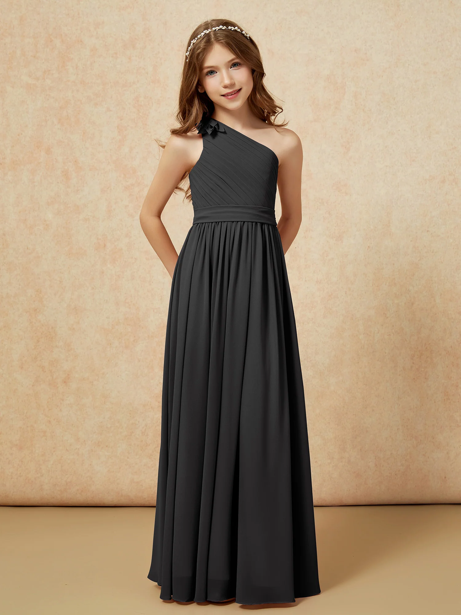 One Shoulder Long Junior Bridesmaid Dress With Slit Black - Image 5