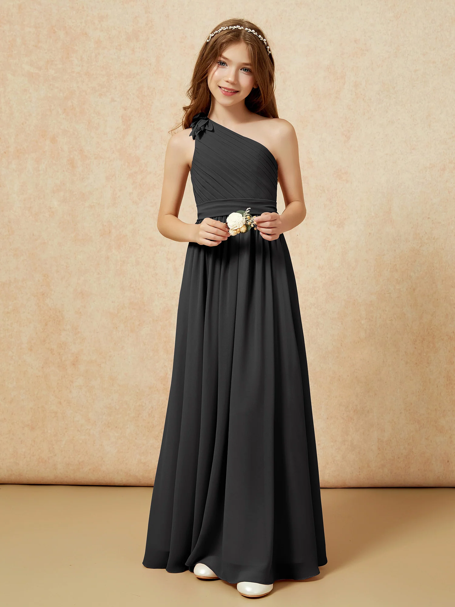One Shoulder Long Junior Bridesmaid Dress With Slit Black - Image 6
