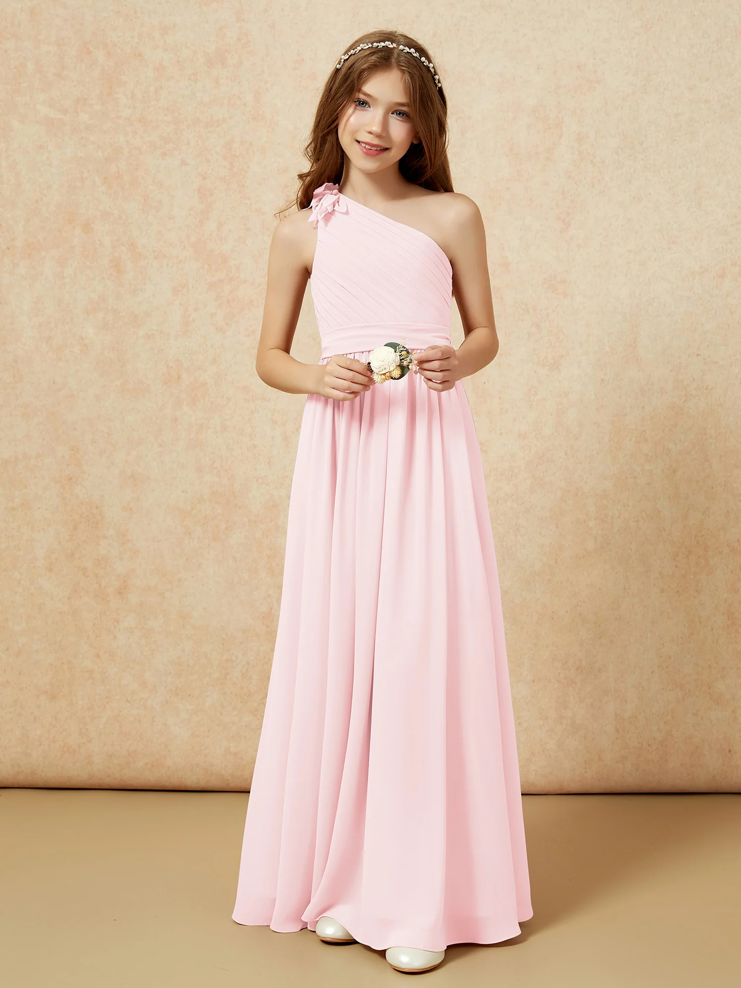 One Shoulder Long Junior Bridesmaid Dress With Slit Blushing Pink - Image 6