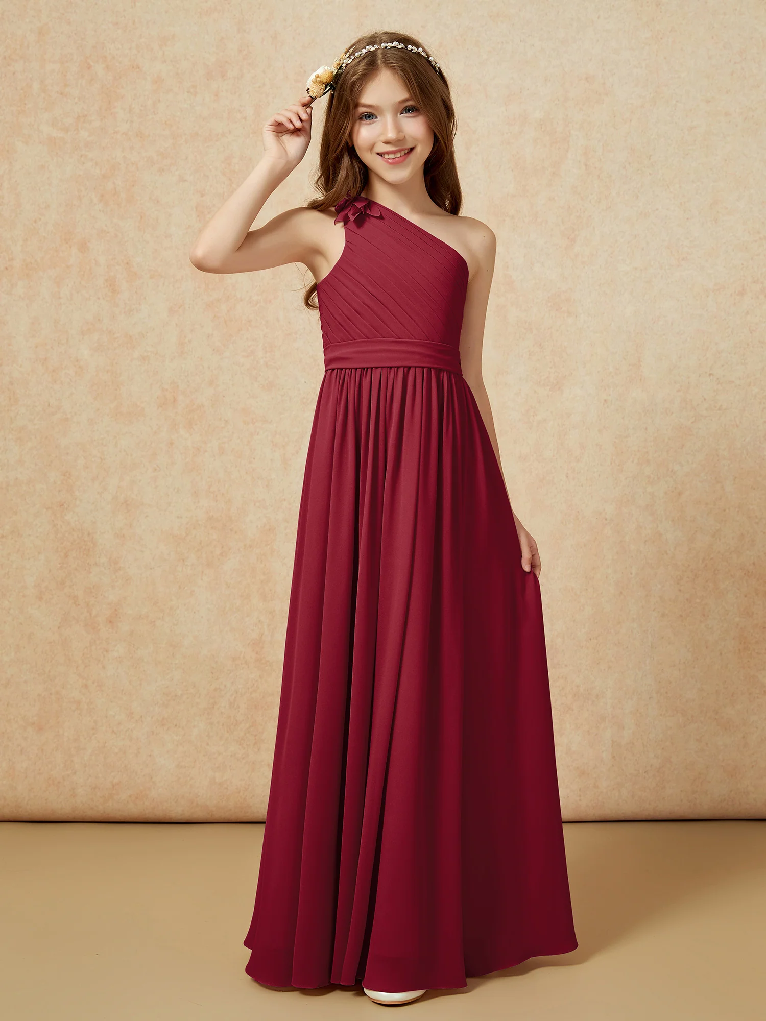One Shoulder Long Junior Bridesmaid Dress With Slit Burgundy - Image 3