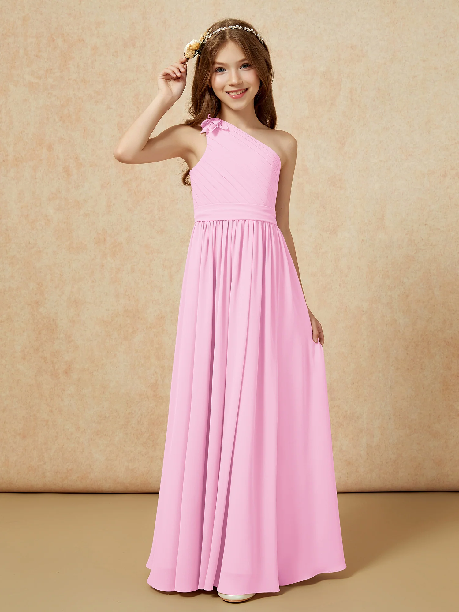 One Shoulder Long Junior Bridesmaid Dress With Slit Candy Pink - Image 3