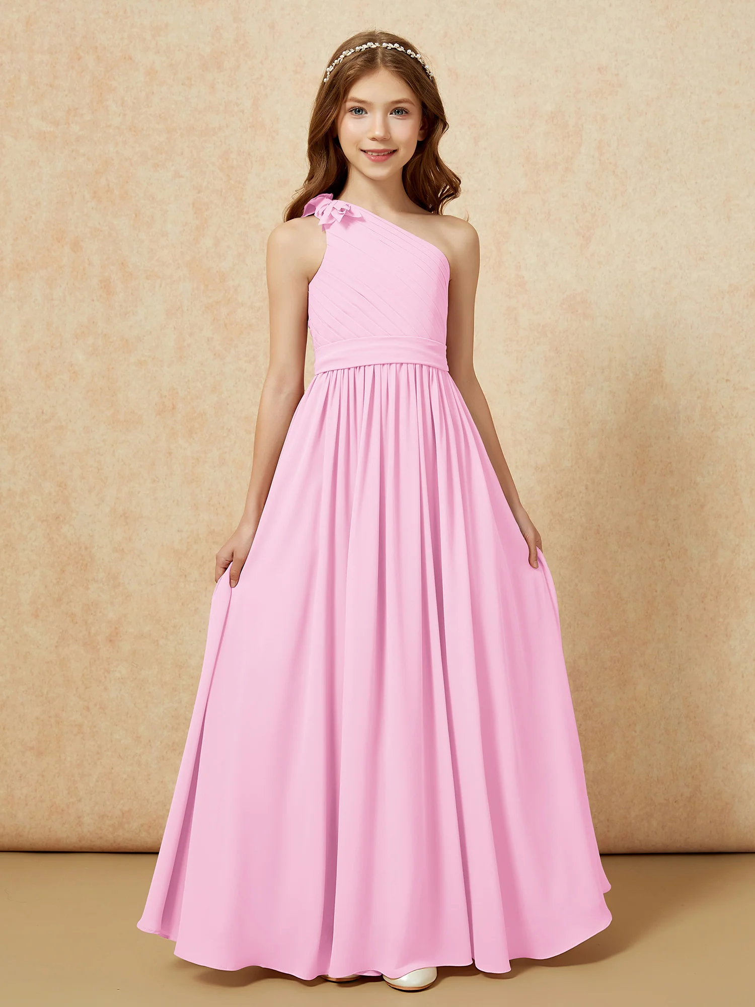 One Shoulder Long Junior Bridesmaid Dress With Slit Candy Pink - Image 4