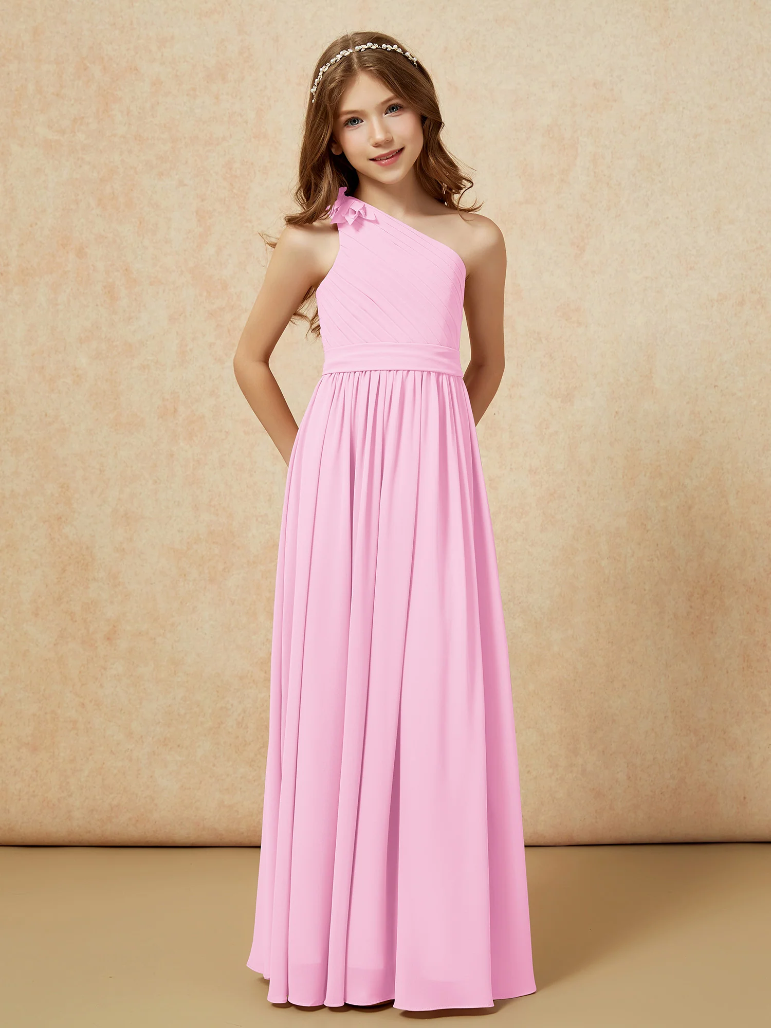 One Shoulder Long Junior Bridesmaid Dress With Slit Candy Pink - Image 5