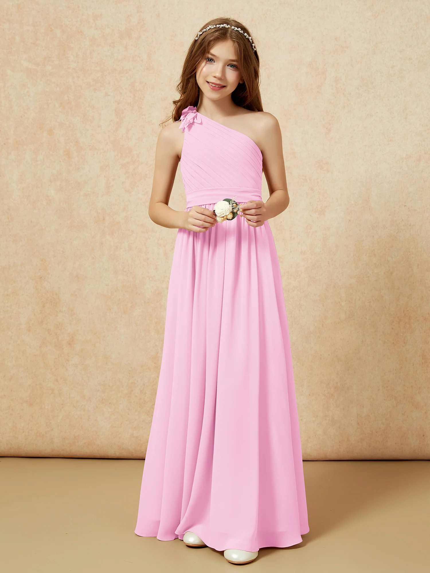 One Shoulder Long Junior Bridesmaid Dress With Slit Candy Pink - Image 6