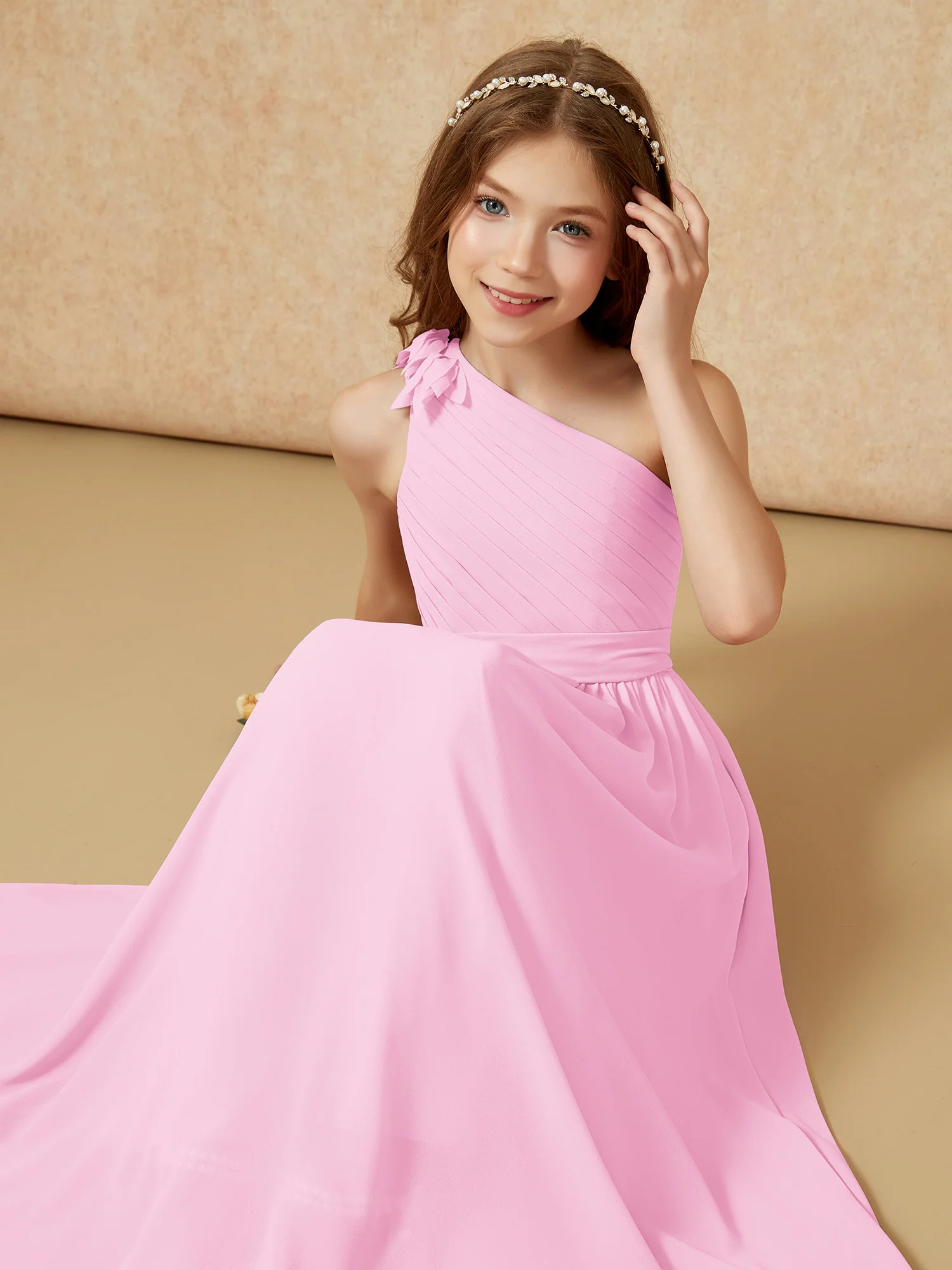 One Shoulder Long Junior Bridesmaid Dress With Slit Candy Pink - Image 7